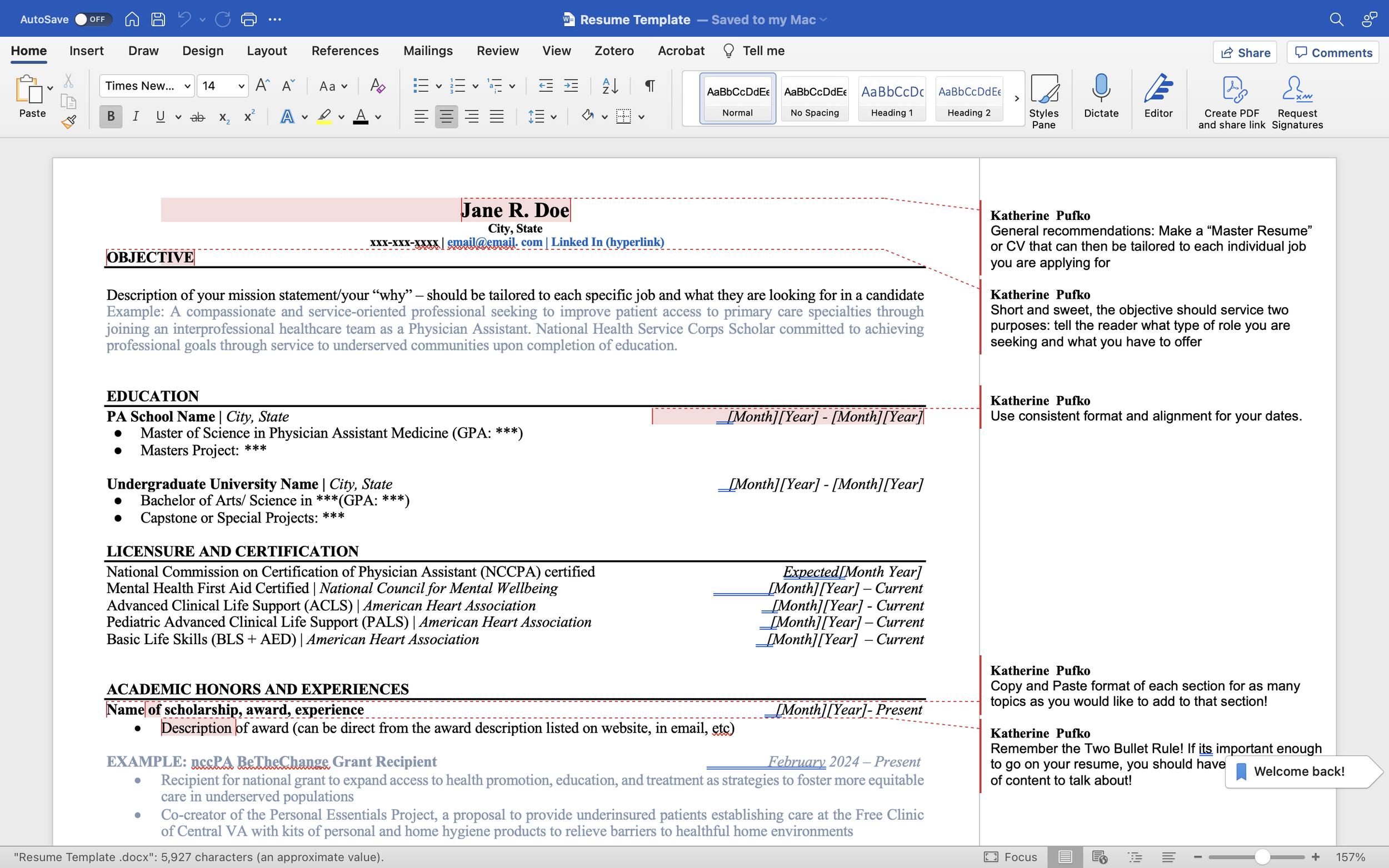 Resume Template (Undergraduate/Pre-PA)