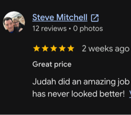 Screenshot of a 5-star review for Judah from Steve Mitchell, praising Judah's work and mentioning great price and excellent results.