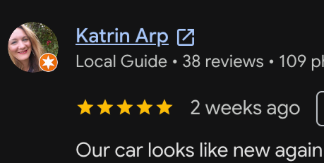 Screenshot of a person named Katrin Arp, a local guide with 38 reviews and 109 photos, showing a 5-star rating two weeks ago and a comment about her car looking like new again.