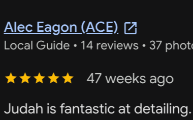 Screenshot of a Google local guide profile for Alec Eagon, showing 14 reviews, 37 photos, a five-star rating, and a review praising "Judah" for being detailed.