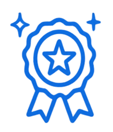 A blue award ribbon with a star in the center and two sparkles.