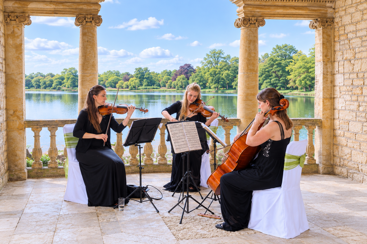 String trio performing at a wedding drinks reception under a stone archway overlooking a lake