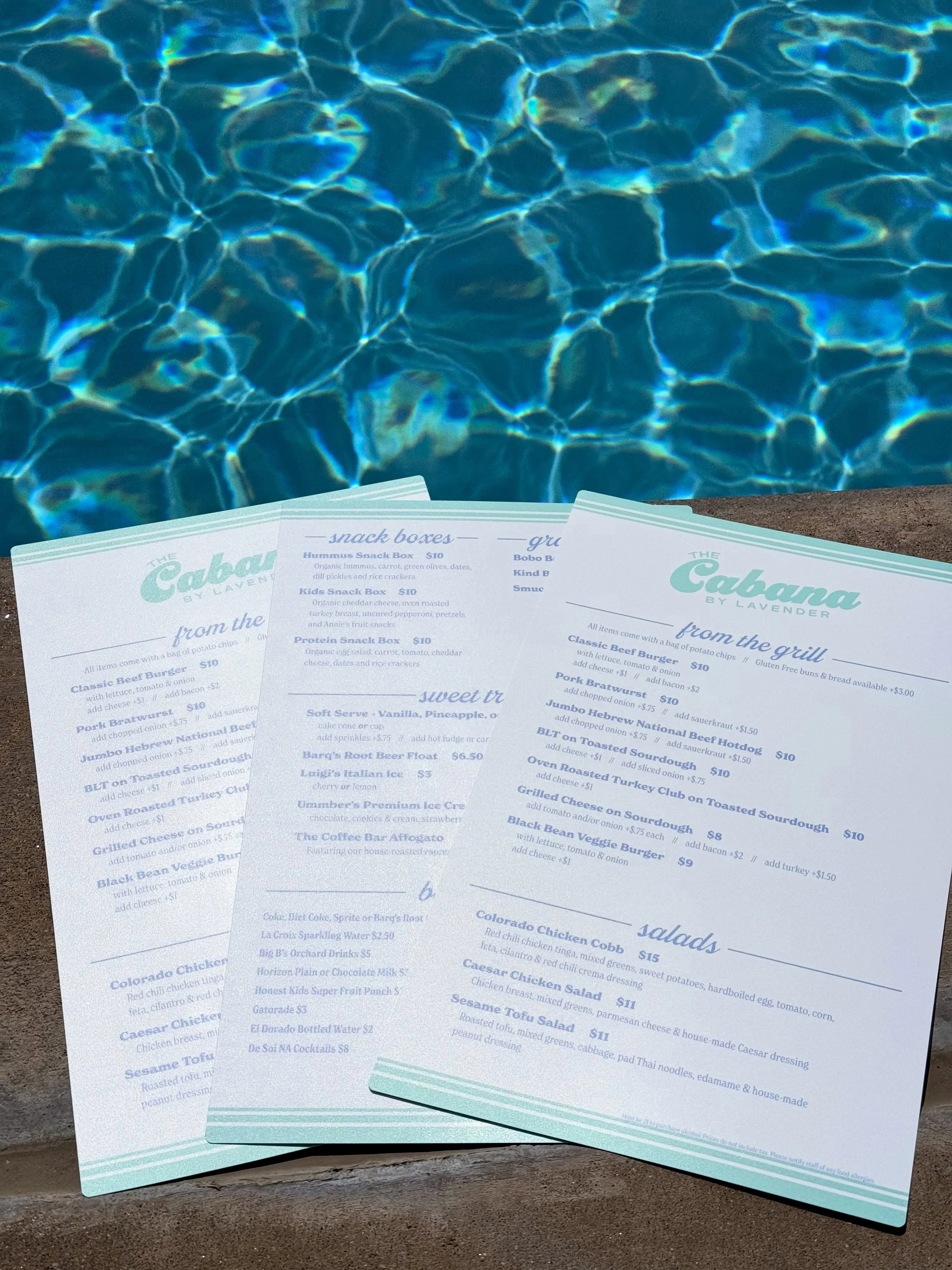New fun work to share! Menu design for @lavender.cb &lsquo;s poolside Cabana. 🏝️

I am so grateful for getting to work with such wonderful clients. Thank you for the great photos, Lindsey! 💙

#graphicdesigncentral #design #menu #menudesign