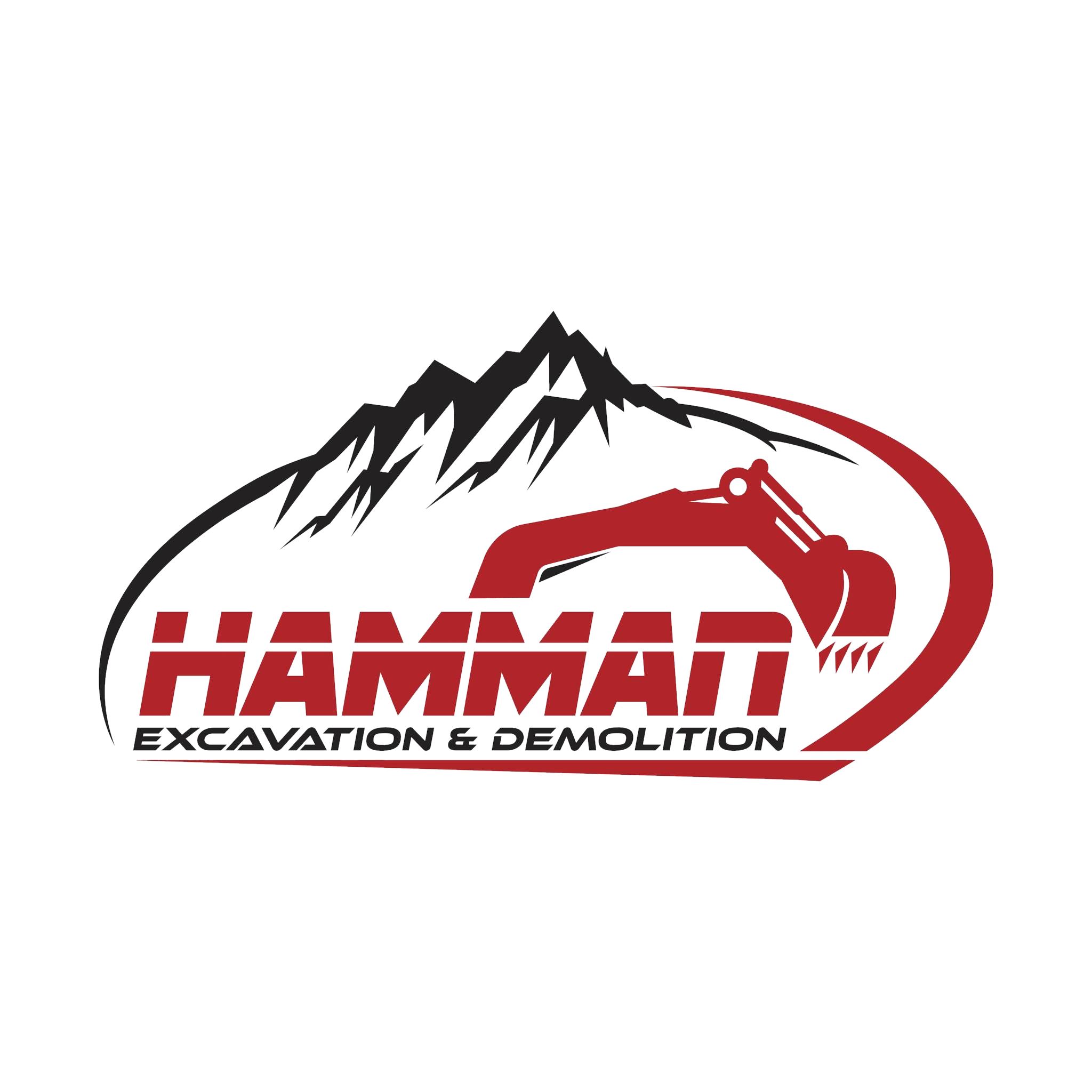 Logo for Hamman Excavation & Demolition with an illustration of a mountain range and red excavator claw