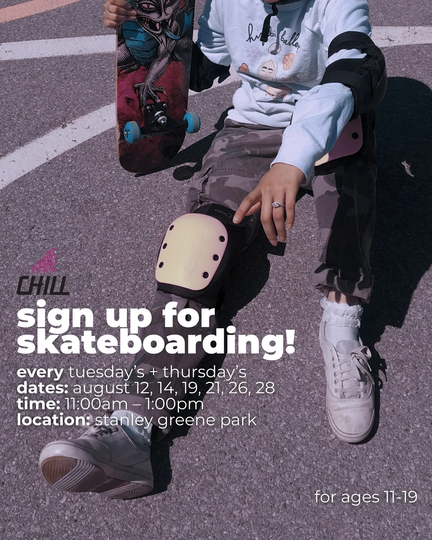 back at it with @chillfoundation 🛹 our free skateboarding program kicks off august 12 and runs tuesdays &amp; thursdays through the 26th at stanley greene park. open to ages 11&ndash;19. come learn to ride with us&mdash;no experience needed. 

limit