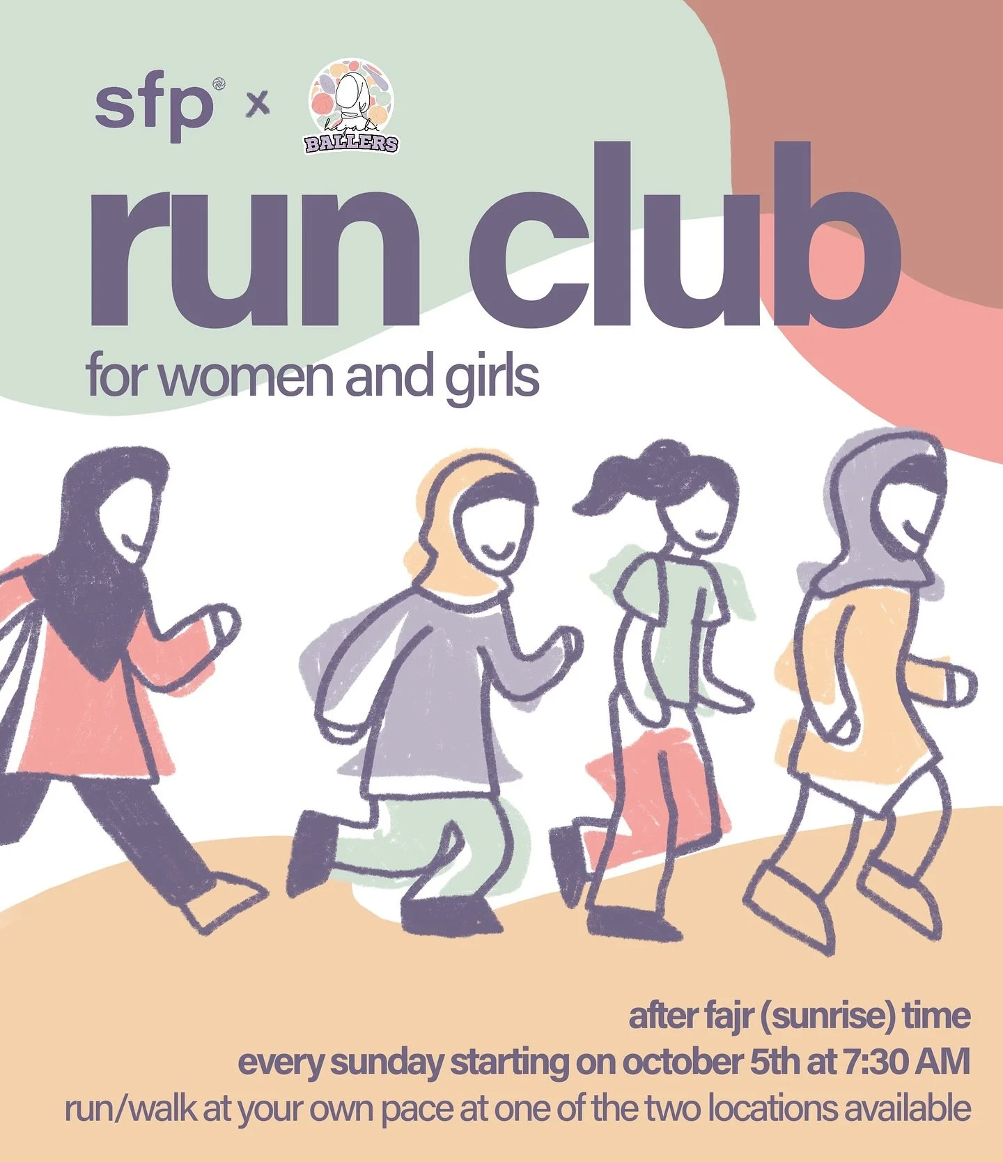 Join our @shootforpeace x @hijabiballers post-fajr women &amp; girls run club! 🌅

A safe + supportive space where you set the pace&mdash;run, jog, or walk! Open to all ages.

There will be:
🏃🏻&zwj;♀️ Coaches on-site for guidance &amp; encouragemen