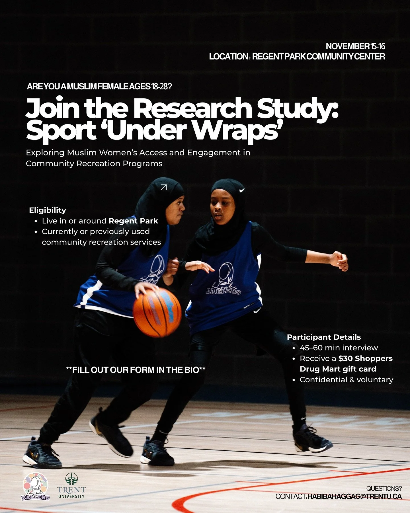 Exciting news! ✨

We&rsquo;re thrilled to share that we&rsquo;ve partnered with Trent University on a pilot research project focused on Muslim women&rsquo;s experiences in public recreational spaces while being specific to their geographic location. 