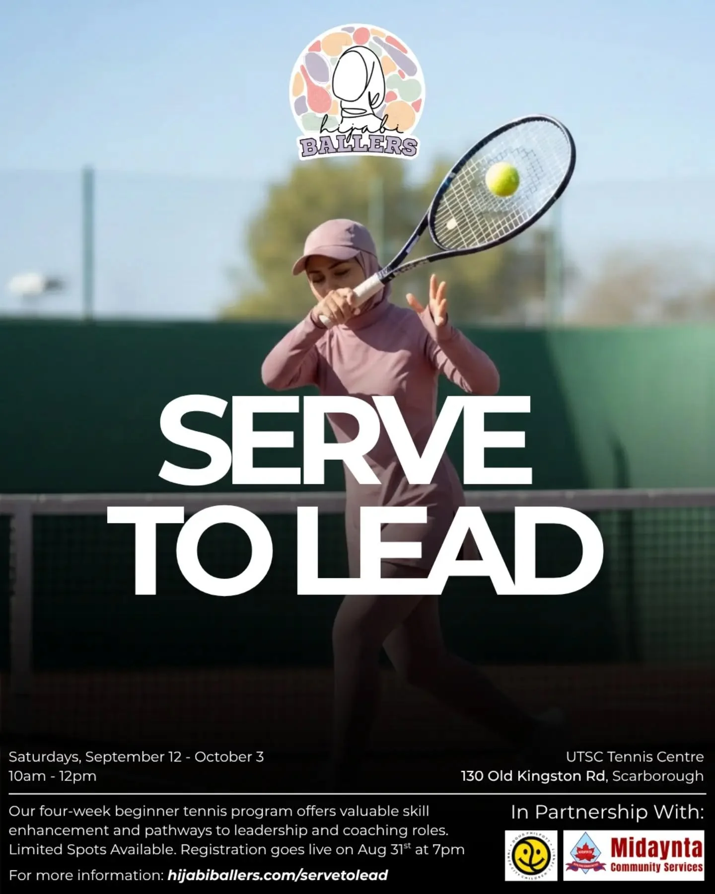 Serve to Lead 🎾✨

Ready to learn tennis and step into sports leadership? 
Join our 4-week beginner cohort running Saturdays, Sept 12 &ndash; Oct 3 at the Toronto Pan Am Sports Centre (Ages 13+).
Coached by certified Philpott-trained female coaches, 