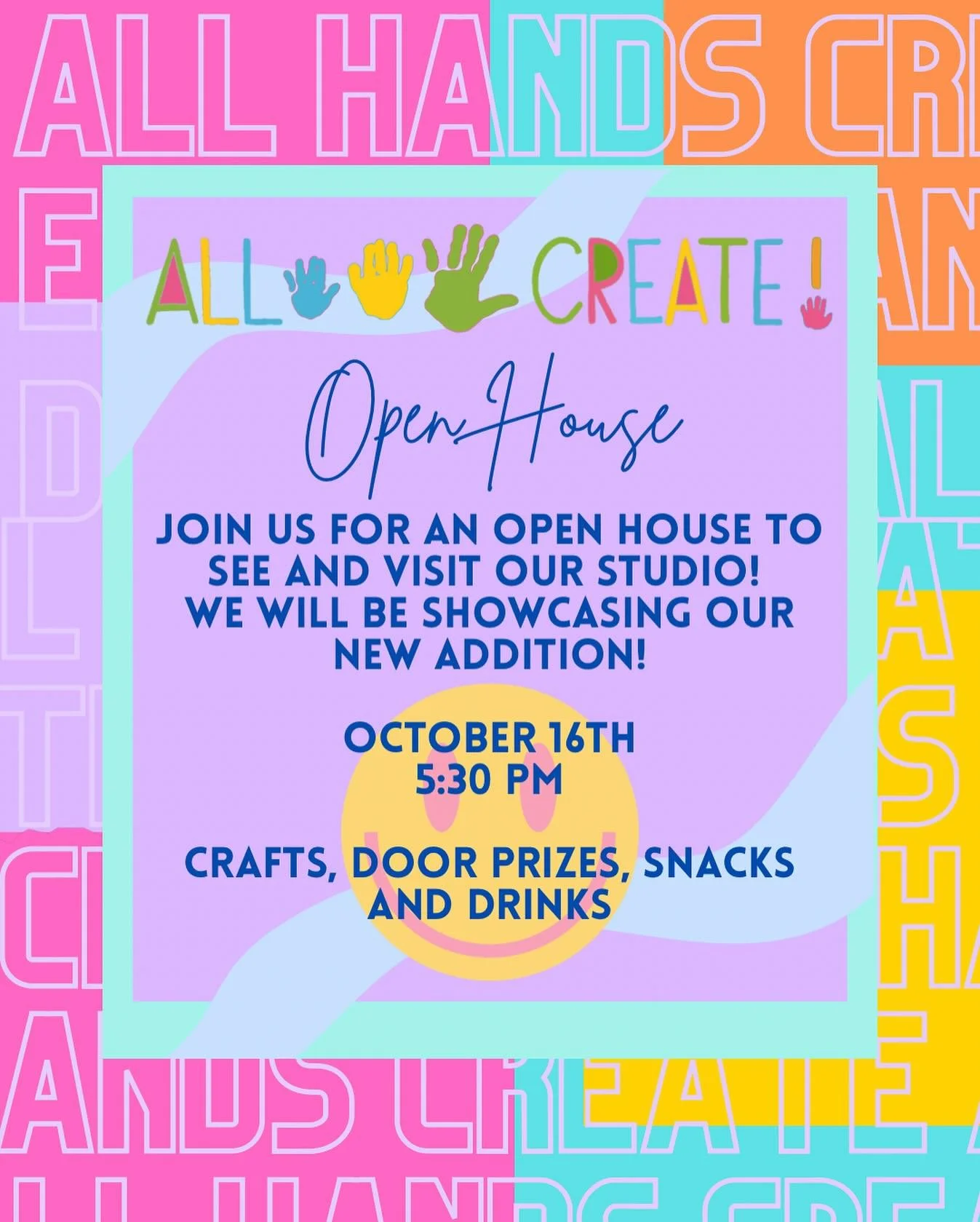 Join us for our OFFICIAL 💚OPEN HOUSE🩵 on October 16th! This will showcase our new addition, for those of you who have not been in, and ALL of our fun, new creation stations!

We will have take home crafts, fall class signups, adult night sign up an