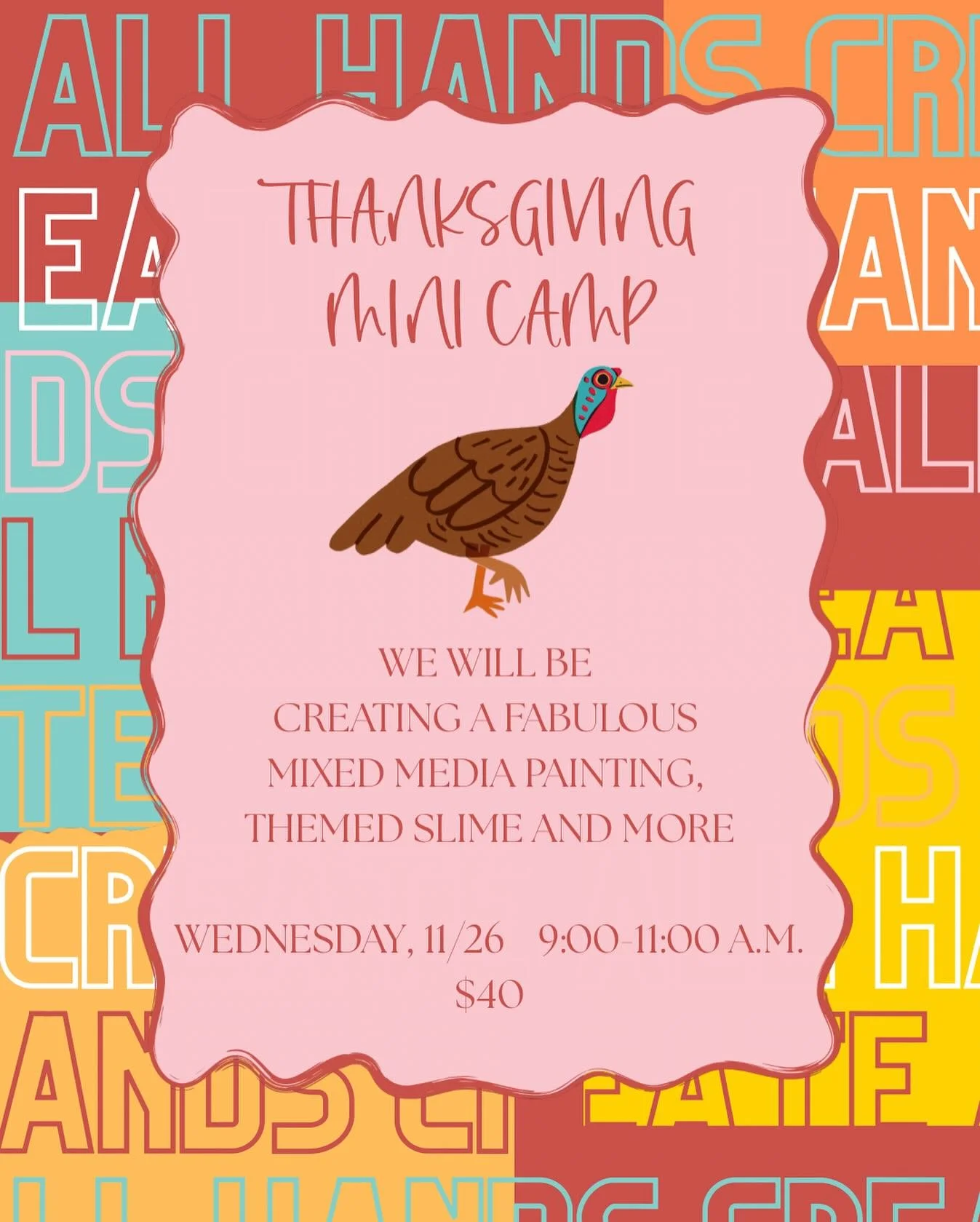 If you happen to be in town next week, we have a camp on WEDNESDAY! It will be from 9-11 am and we will be creating all sorts of fun themed things! From painting to slime and more!!!

Spots are filling up but we would LOVE for you and a friend to joi