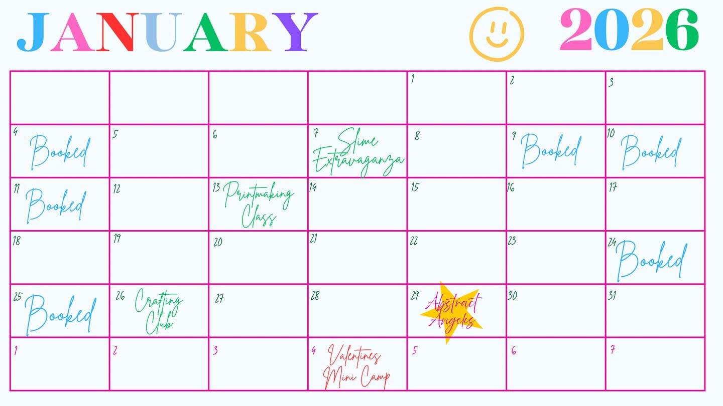 Our January calendar is full of fun, creative classes!

💚Slime Extravaganza: 1/7/26 from 3:30-5:00. This is for your child that LOVES a mess and slime. We will be creating 3 different types of slime! 

🫆Printmaking Class: 1/13/26 from 3:30-5:00. Th