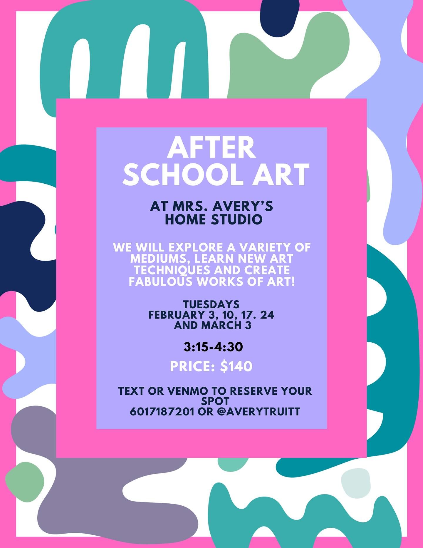 🌈Art friends🌈

I am going to start offering After School Art at my home studio this February. I will have a Tuesday class and a Wednesday class that will both last 5 weeks! 

We will be exploring in a variety of mediums, learning new, fun technique