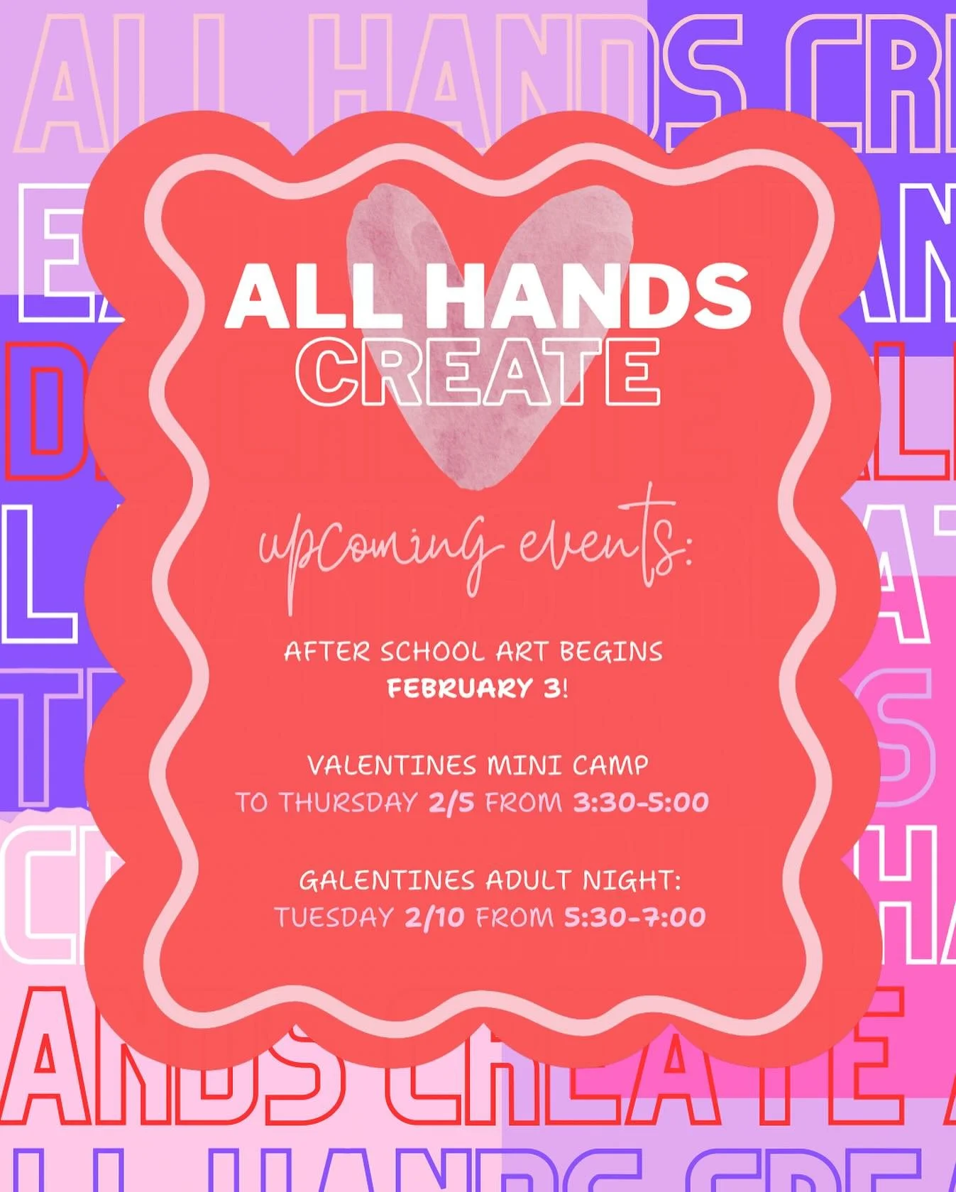 We have some fun things coming up this week and the next! 

💗After school art begins Tuesday! We still have some room in our Wednesday class if you are available! It is from 3:15-4:30 at the studio and would LOVE to have you! 

❤️Valentines Mini Cam