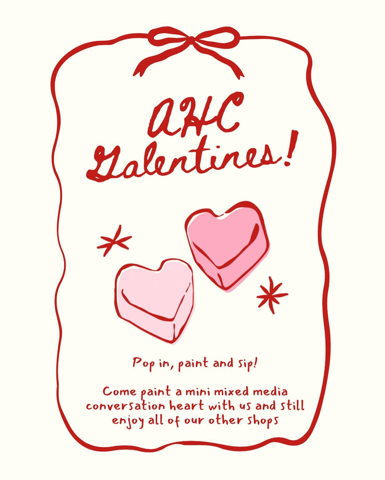 We will be open tomorrow night for our CMS Galentines event! Come see the space, visit and paint a little mixed media conversation heart piece on paper! 

No sign up, no cost, no pressure, just lots of fun💚