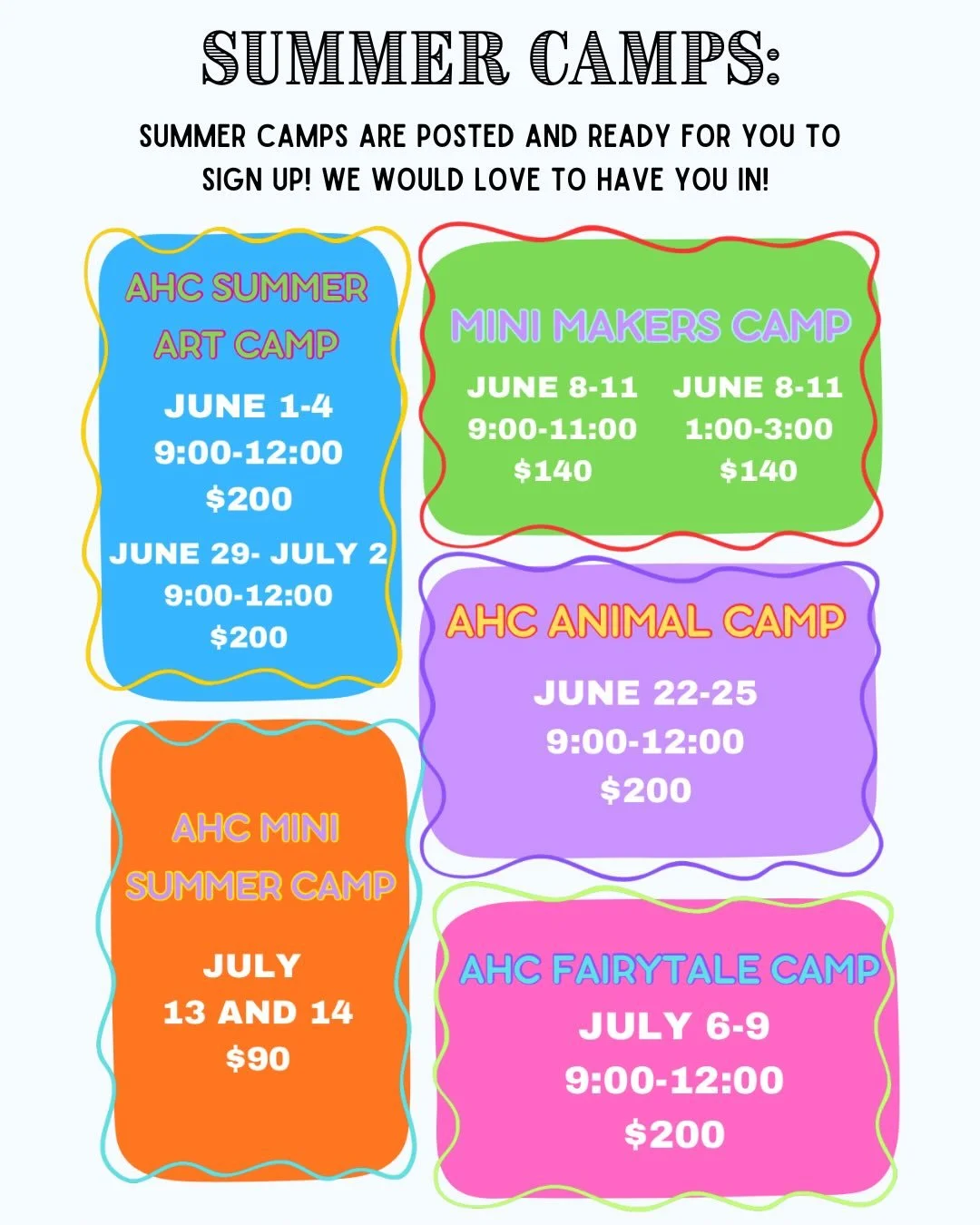 ☀️SUMMER CAMPS☀️ are only a couple of months away!!! 

This is such a fun opportunity for you child to immerse themselves in all the fun that art has to offer. Each camp is full of amazing projects that give your child creative freedom while learning