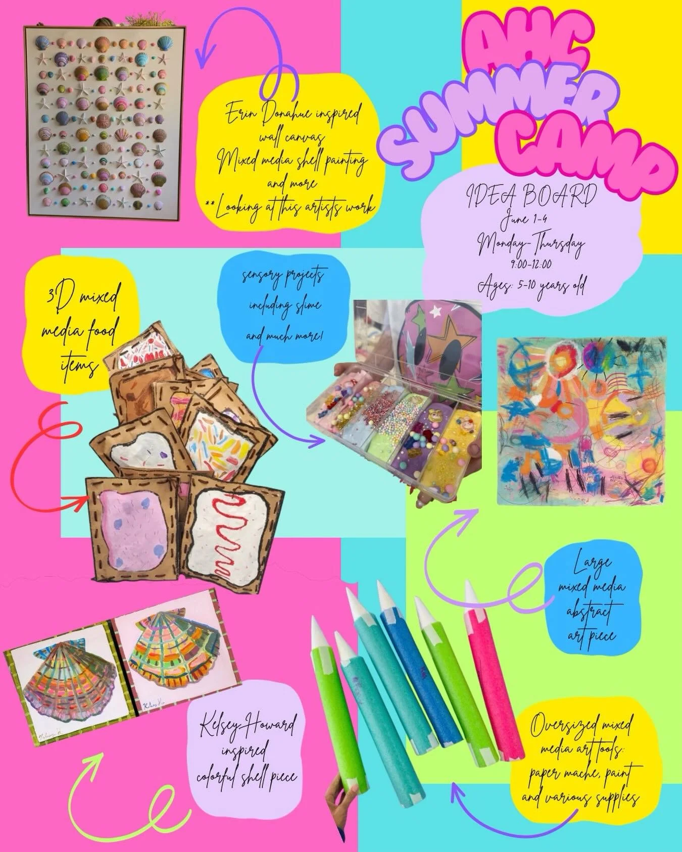 Our first ☀️SUMMER☀️ camp is coming up rather quickly and there are still spots open for you!!!

Here is a little idea board I put together for the camp! These are projects pulled from artists, teachers and more for inspiration to fuel our little cam