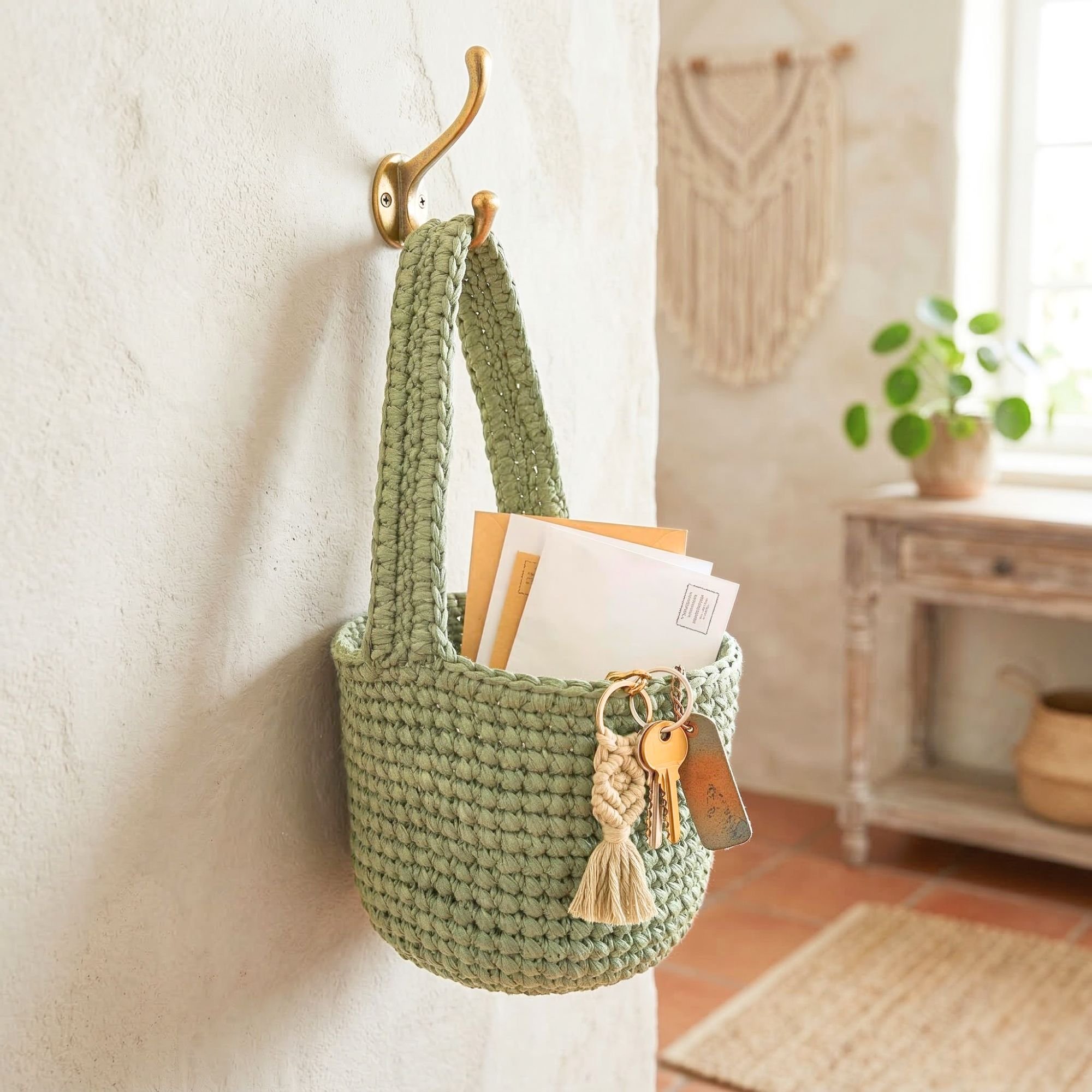 Crochet Hanging Basket Pattern Storage Bin for Kids Room Bathroom Entryway Organizer Mail and Key Storage
