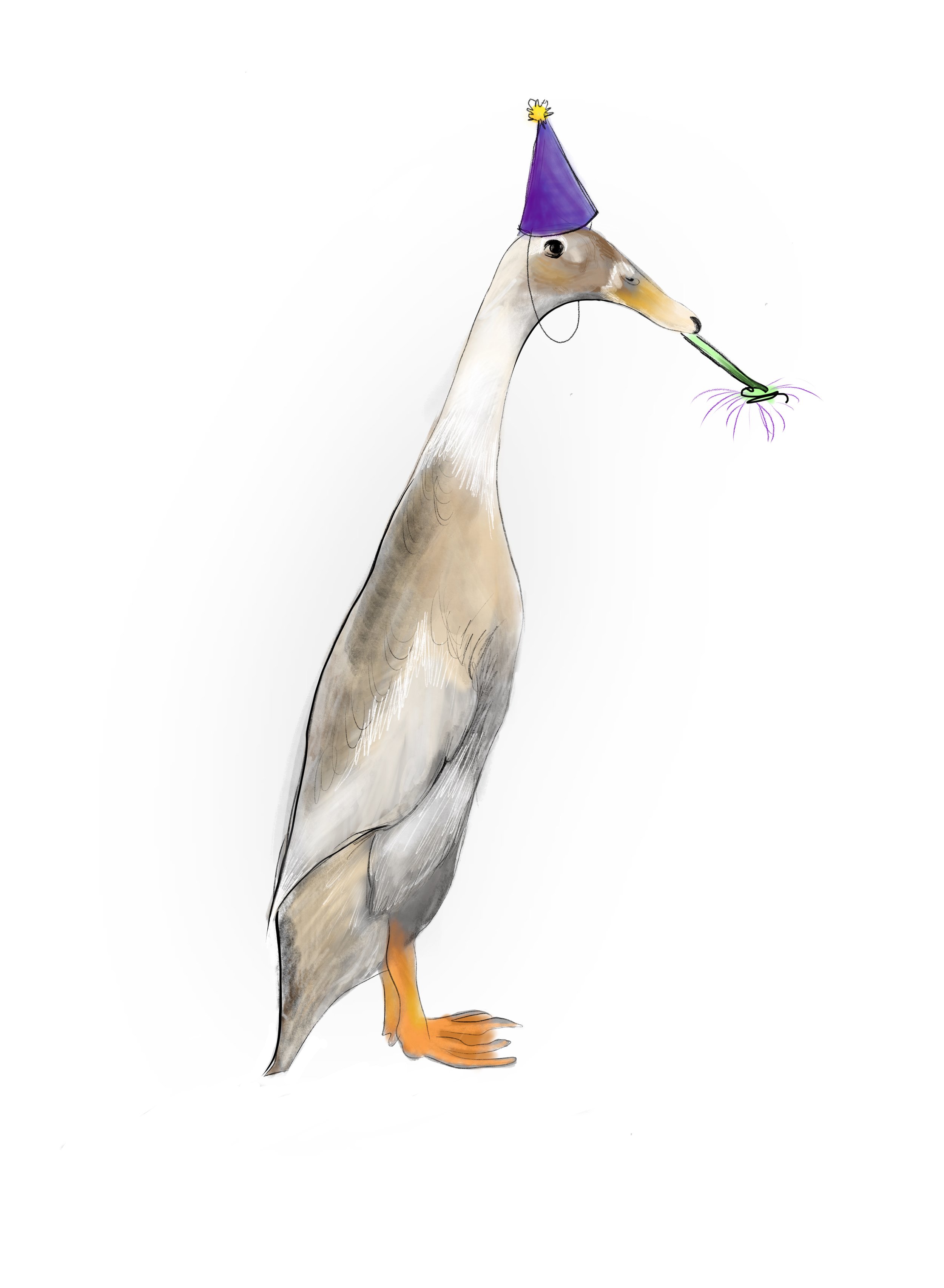 Illustration of a duck wearing a purple party hat with a yellow pom-pom, holding a green party horn in its beak, on a white background.
