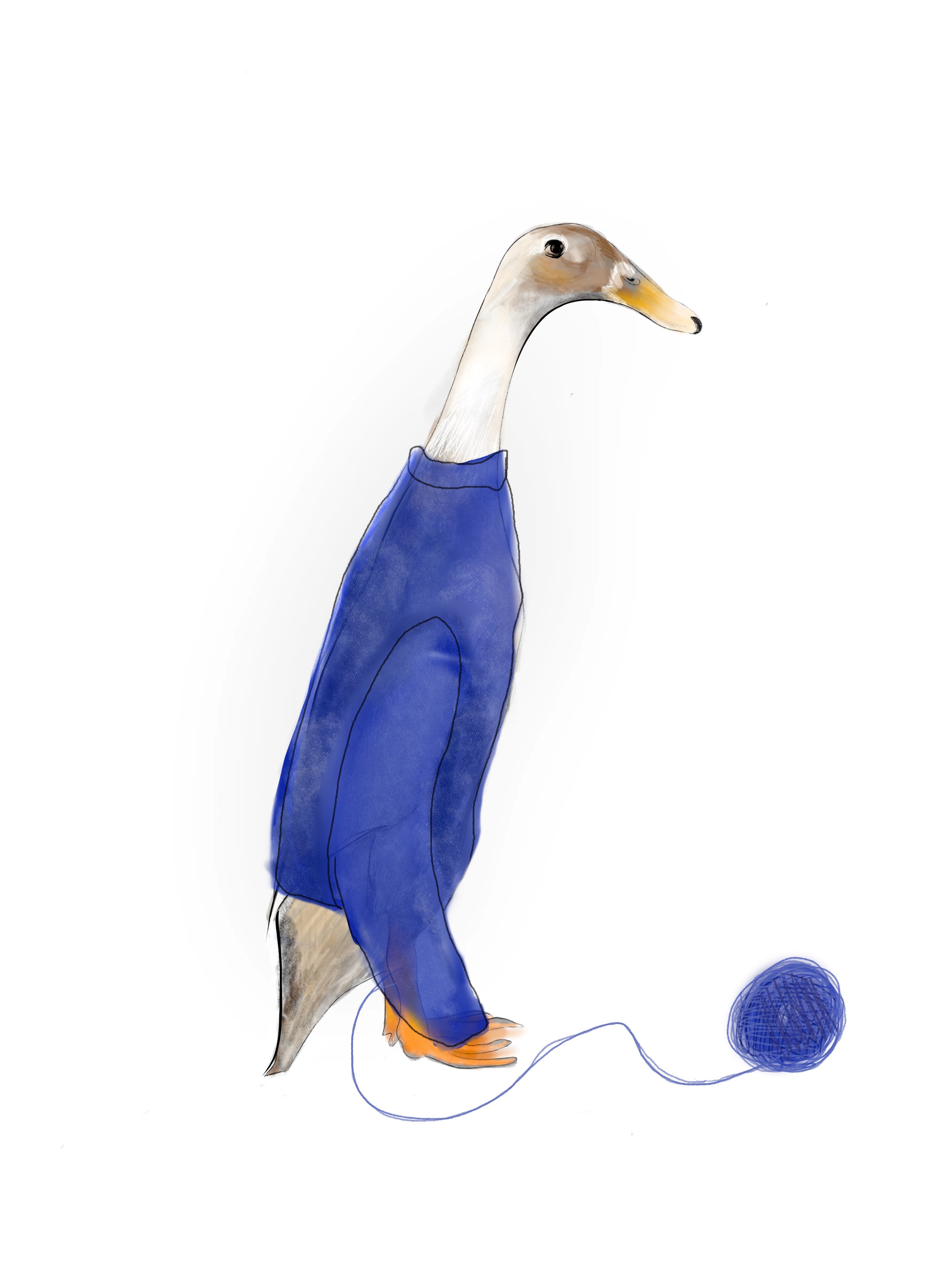Illustration of a goose wearing a blue sweater, sitting next to a ball of blue yarn with the yarn trailing between them.