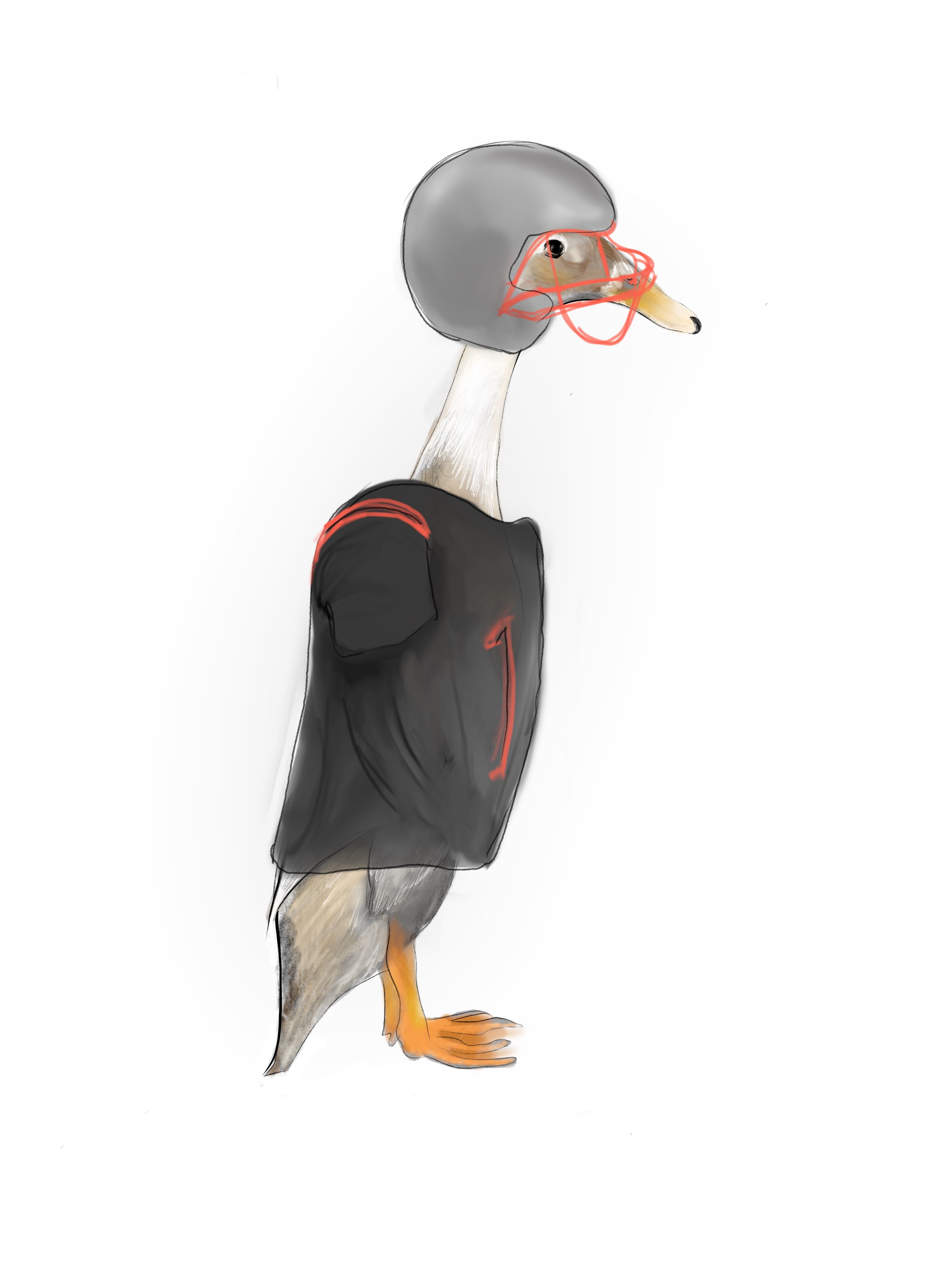 Illustration of a duck dressed in an American football uniform, wearing a helmet and a black jersey with red accents.