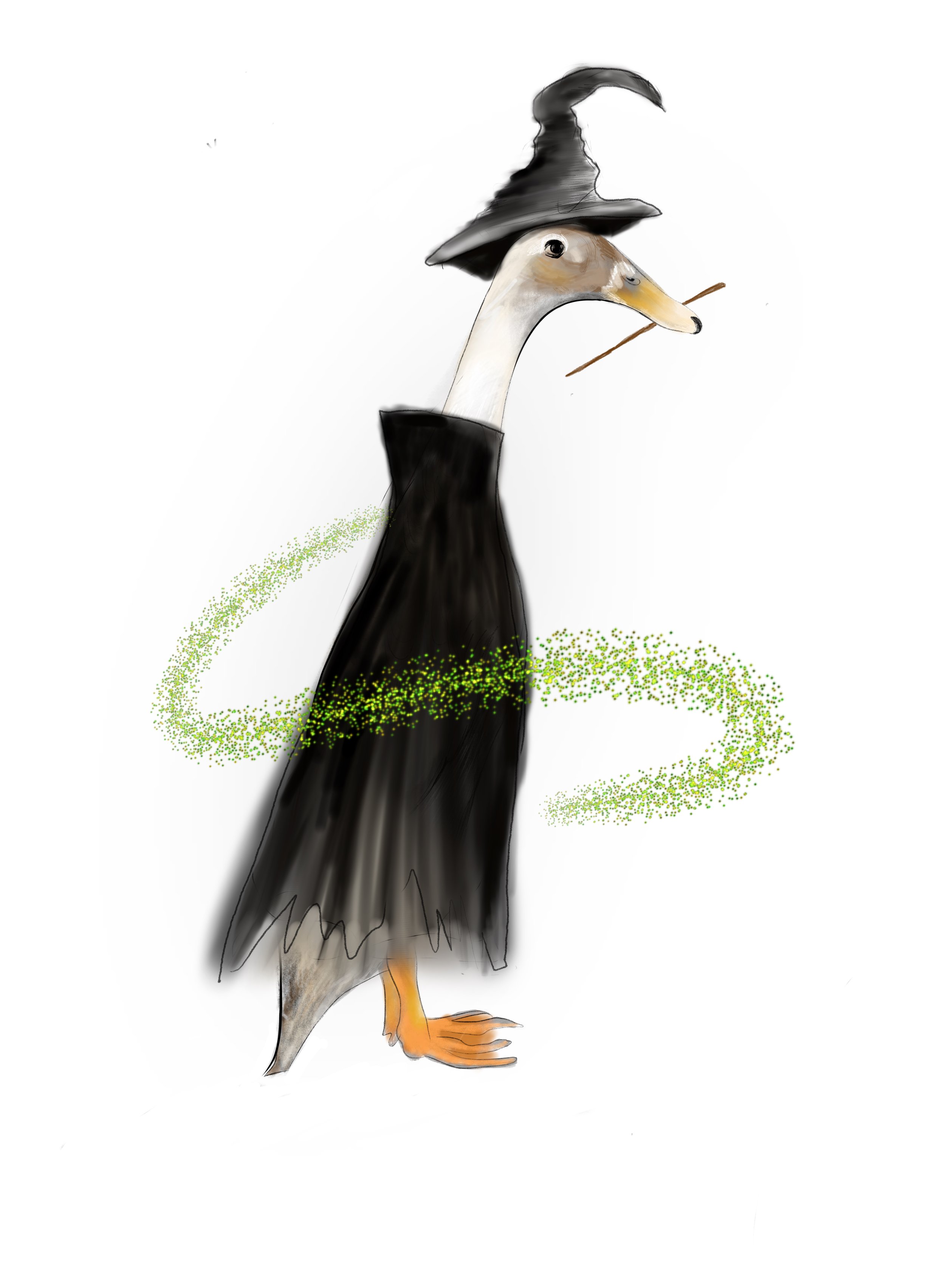 A whimsical illustration of a goose dressed as a witch, wearing a black pointy hat and cape, with a broomstick in its beak, surrounded by green glittery swirls.