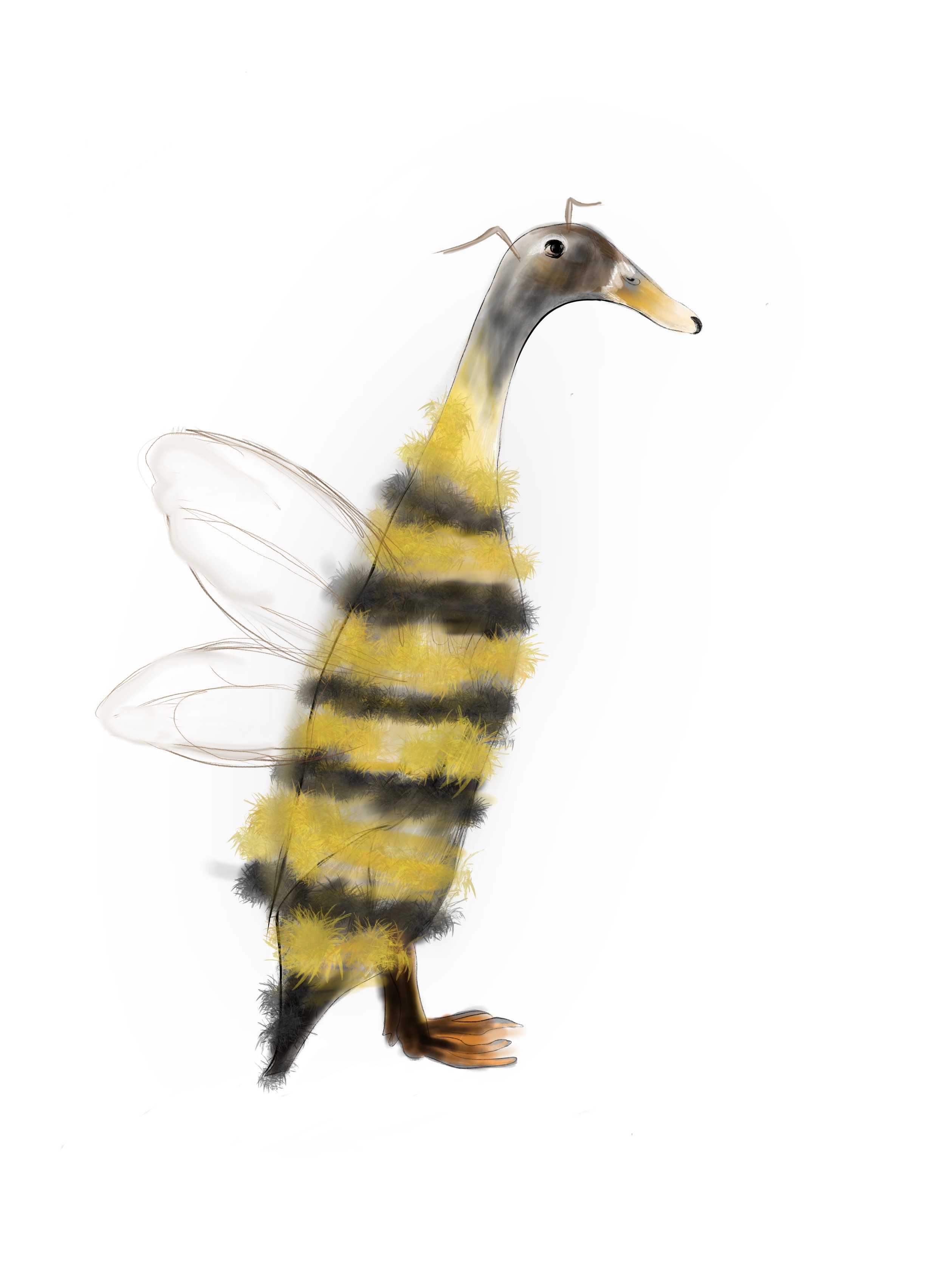 A digitally illustrated animal with the body of a bee and the head of a duck.