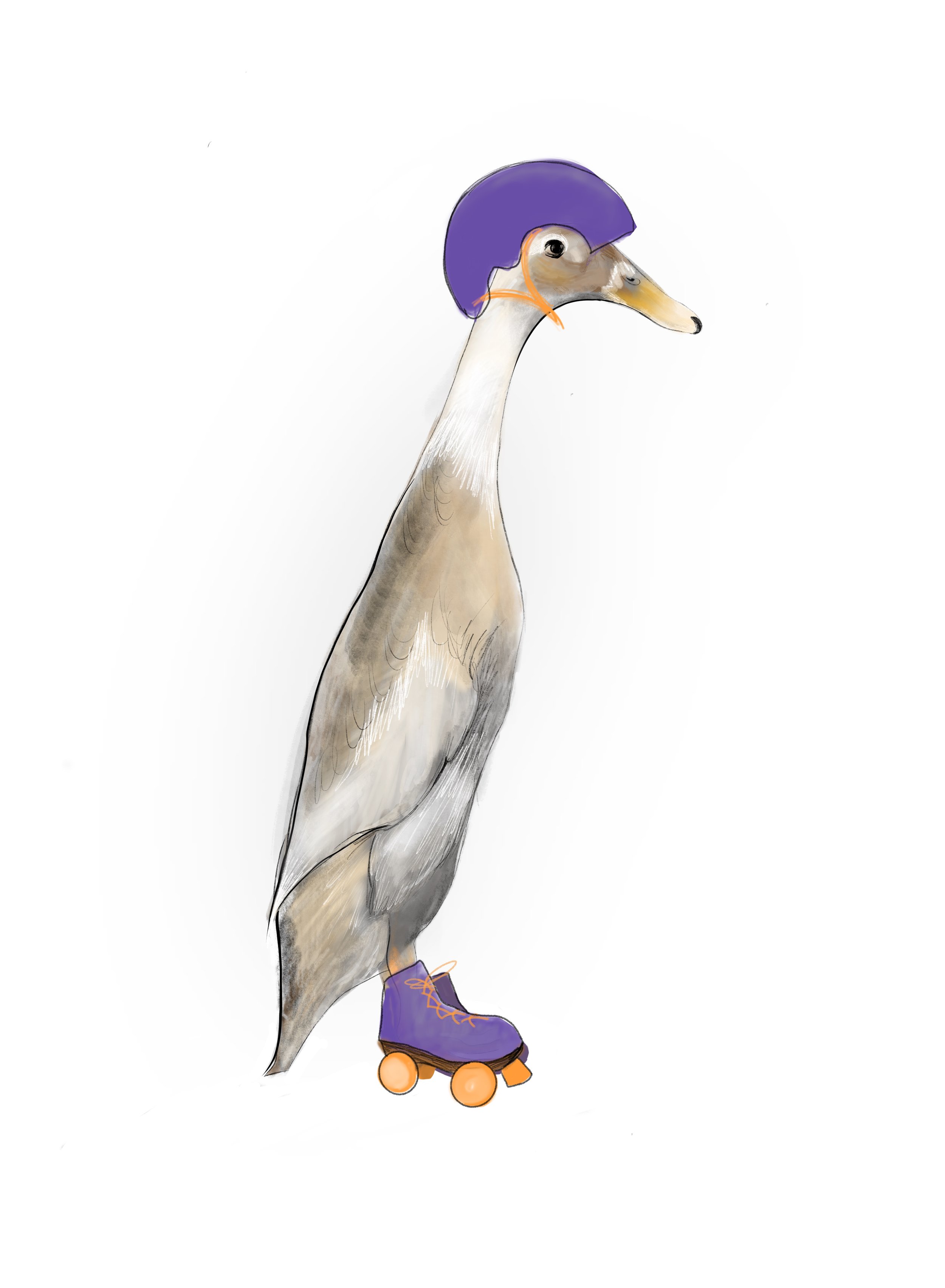 An illustration of a goose wearing a purple helmet, purple roller skates, and standing on four orange wheels.