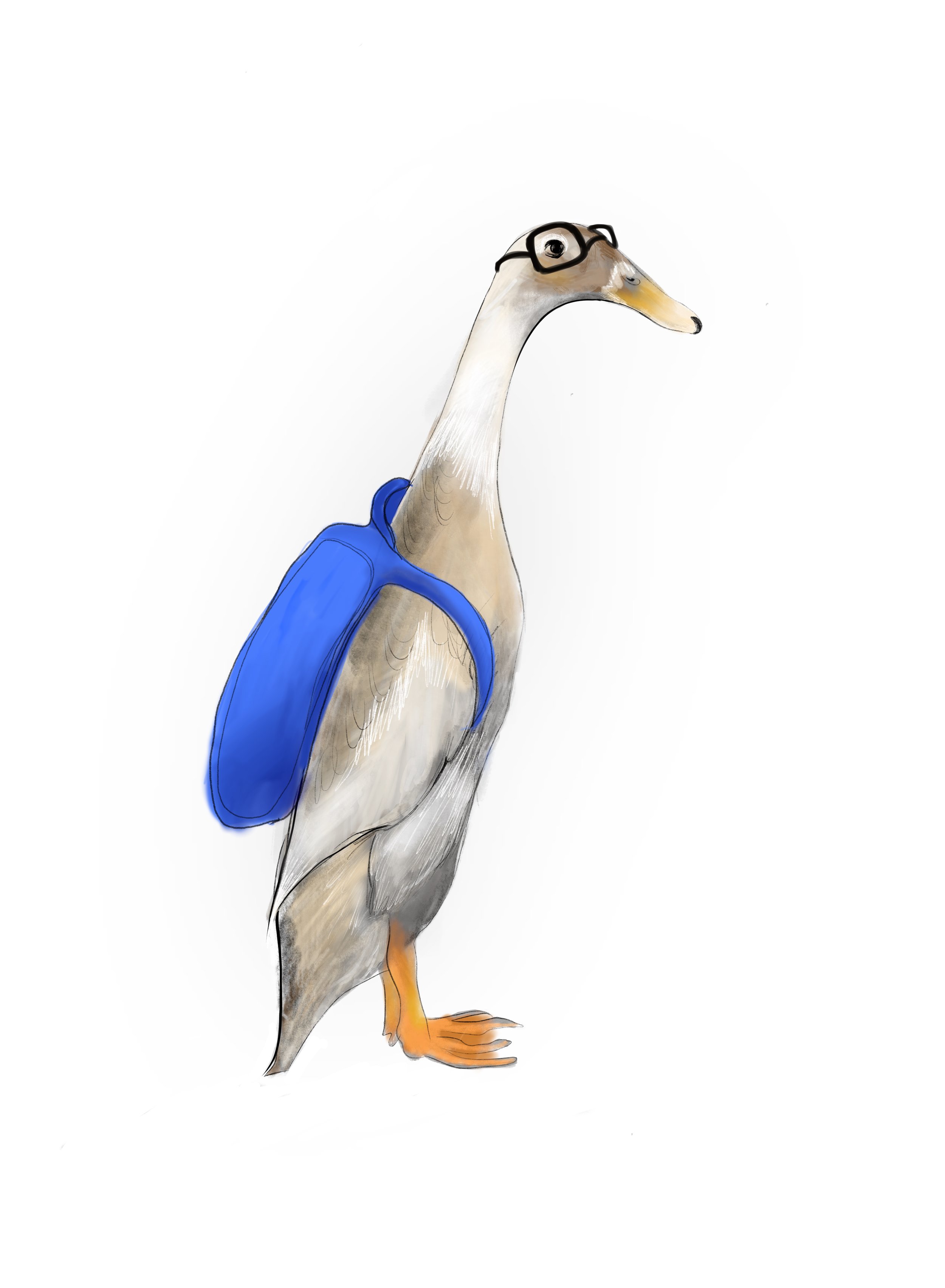 Illustration of a goose wearing glasses and a blue backpack.
