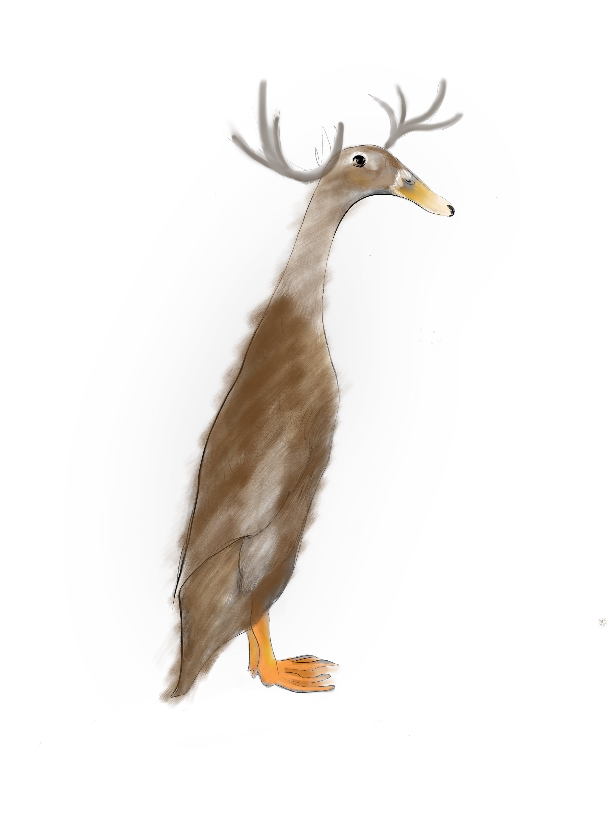 An illustration of a creature with the body of a duck and antlers on its head.