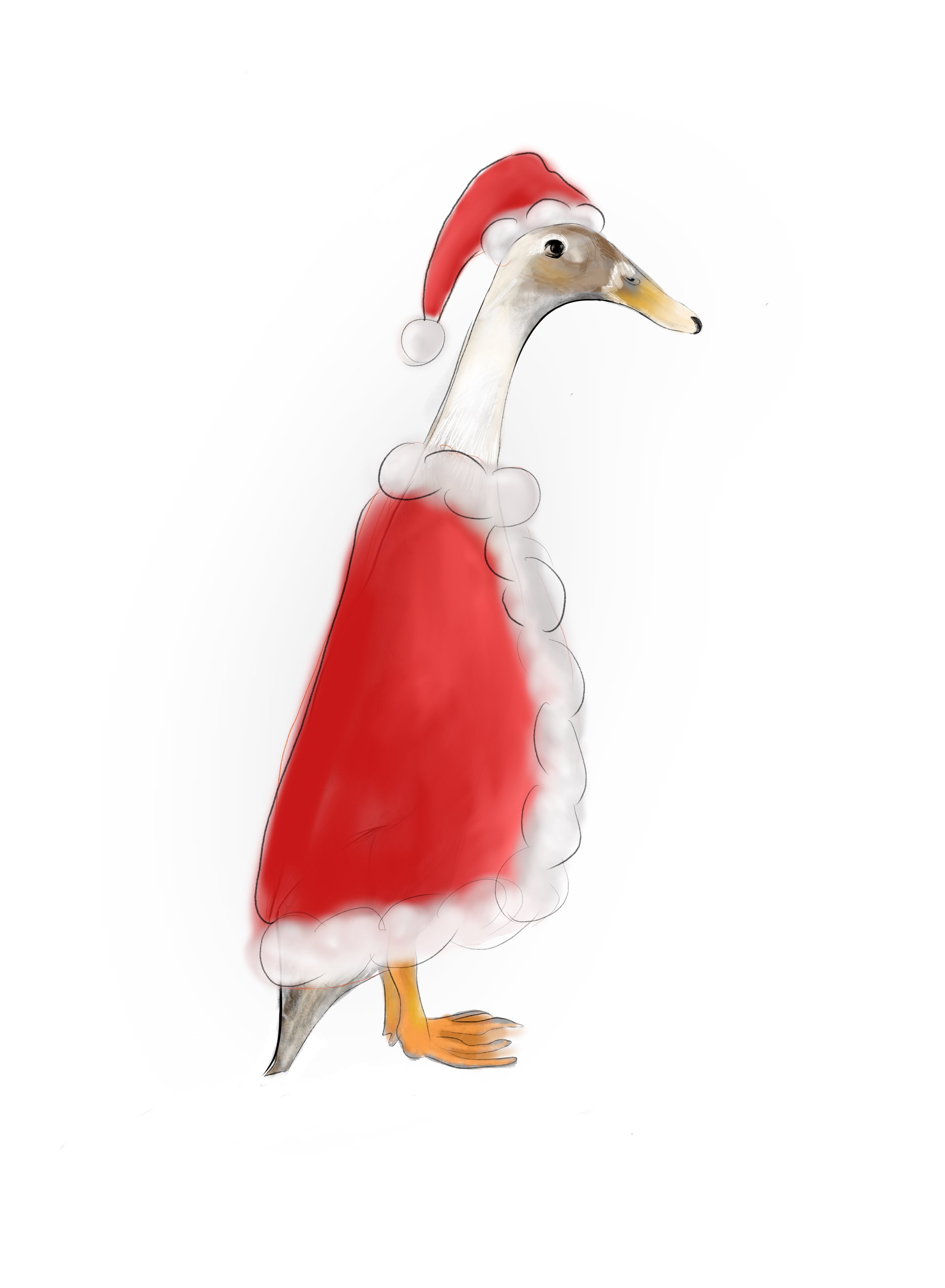 Illustration of a goose dressed in a red Santa Claus outfit, wearing a Santa hat.