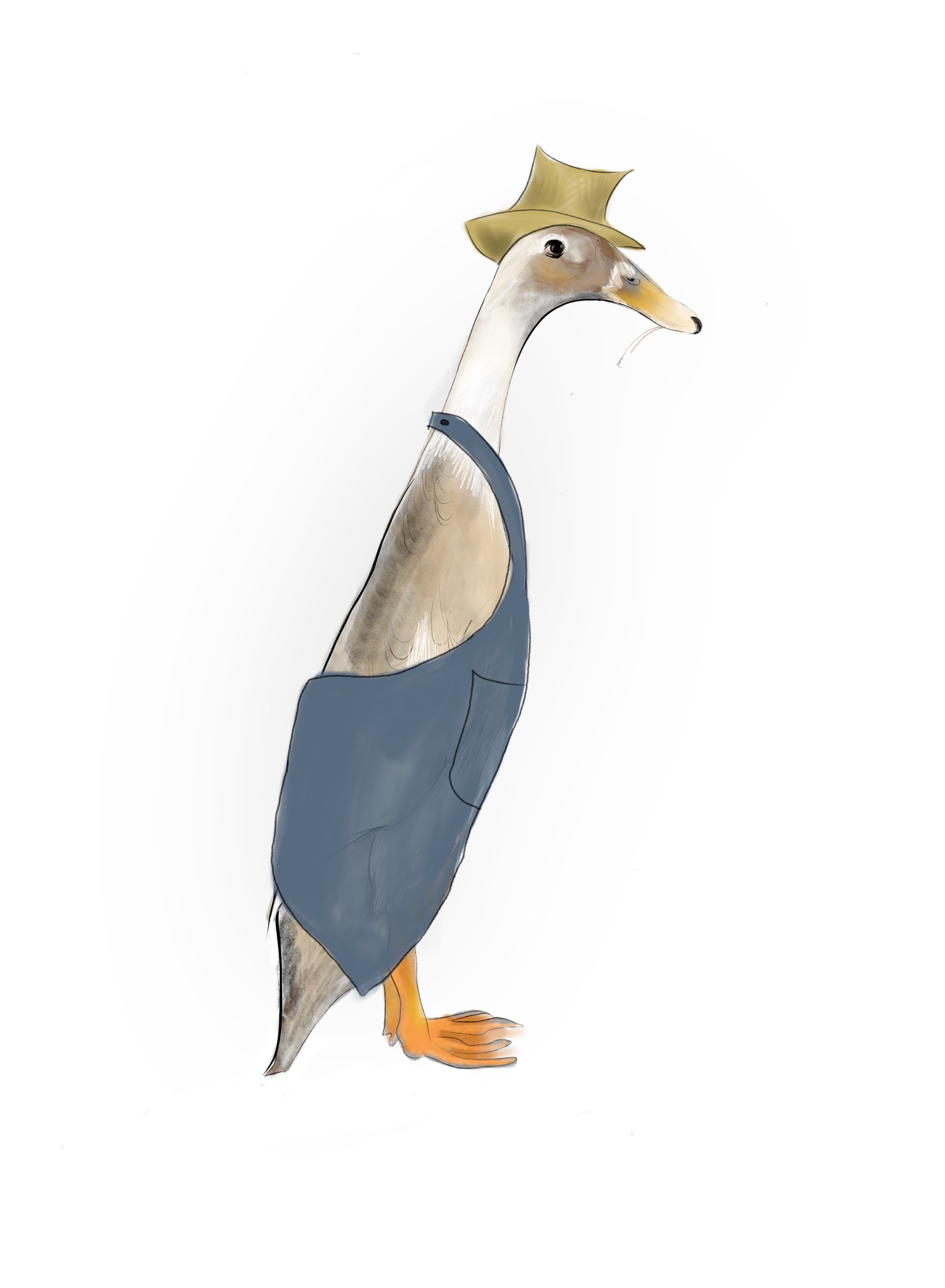 Illustration of a goose wearing a golden hat and a blue apron.