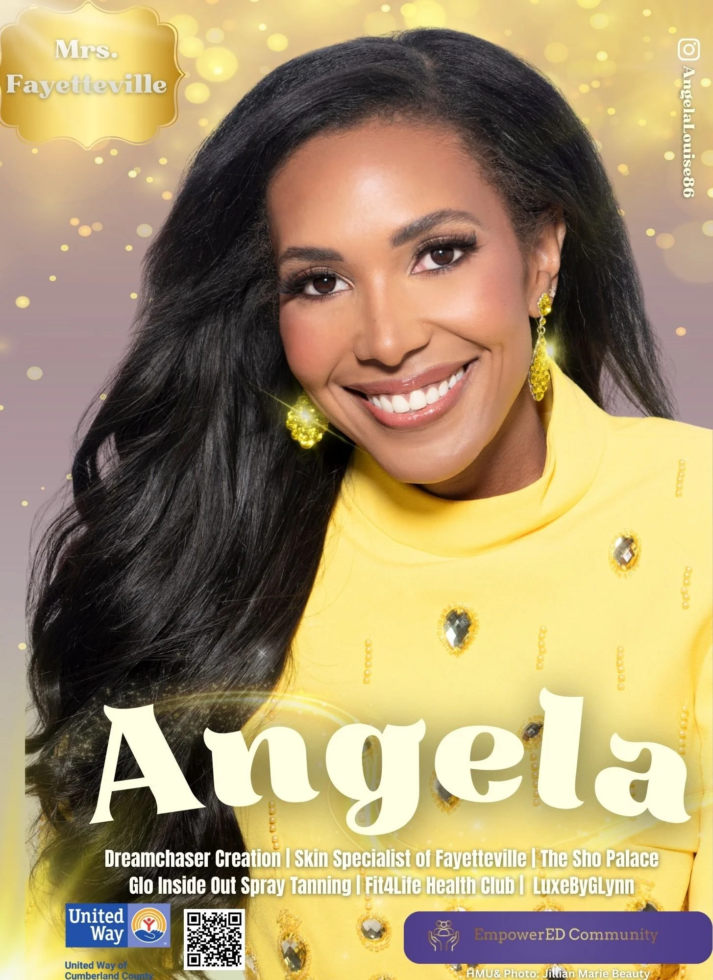 Portrait of a smiling woman with long black hair, wearing yellow clothing with jeweled embellishments and matching yellow earrings, against a gold and purple background with sparkles and text that reads 'Mrs. Fayetteville' and 'Angela'.