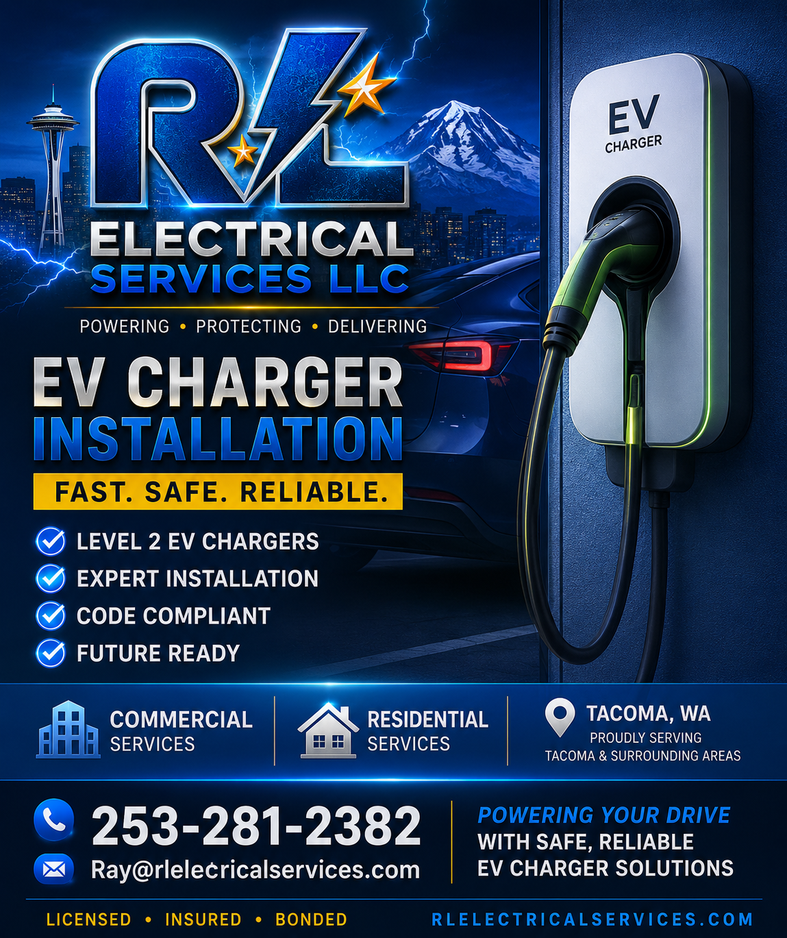 An advertisement for R4 Electrical Services LLC, offering EV charger installation. The ad features a charging station plugged into a wall, a city skyline, and Mount St. Helens in the background. It highlights services for commercial and residential clients in Tacoma, WA, with contact information and slogans emphasizing safety, reliability, and expert installation.