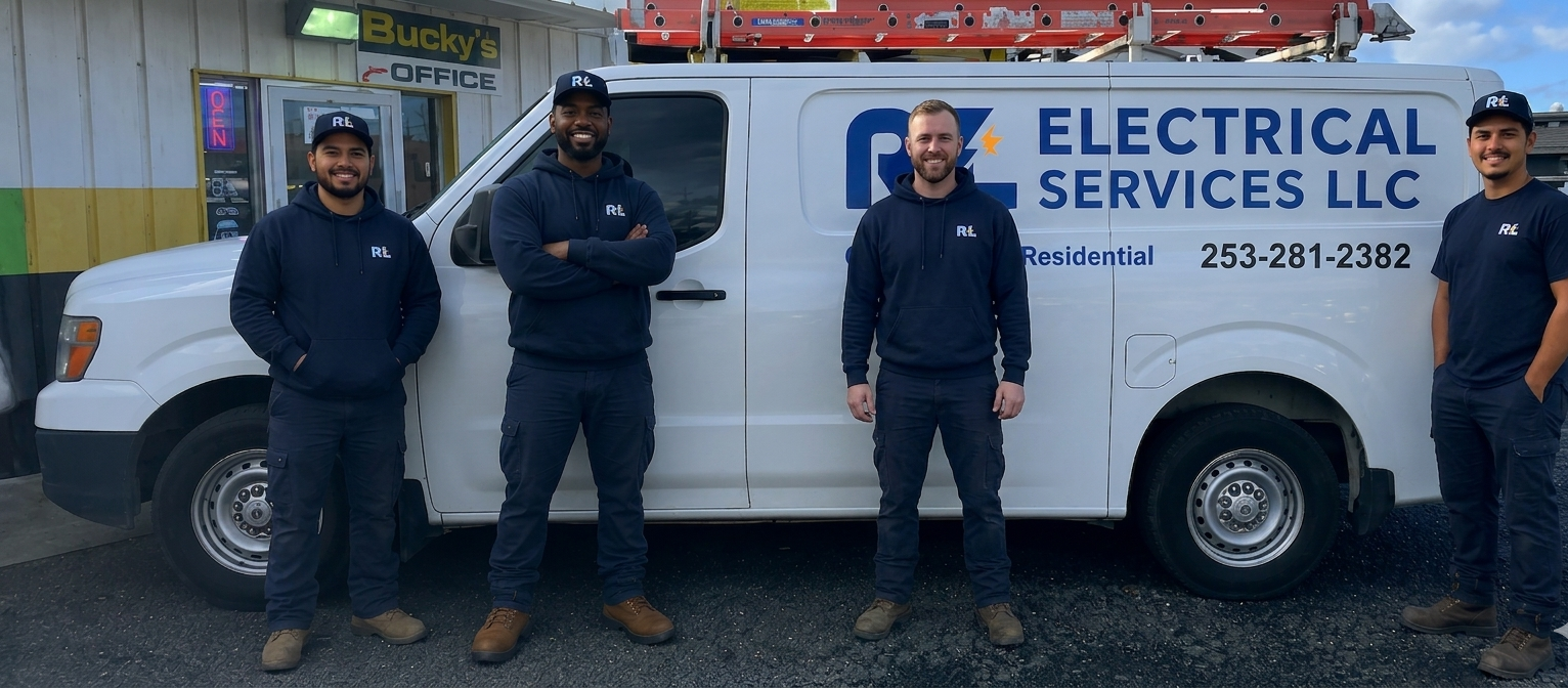 Four electrical service technicians in navy hoodies and caps stand in front of a white electrical services van parked outside a store called Bucky's. The van displays the company's logo, contact number, and the words Residential and Electrical Services LLC. The technicians are smiling with hands in pockets or crossed.
