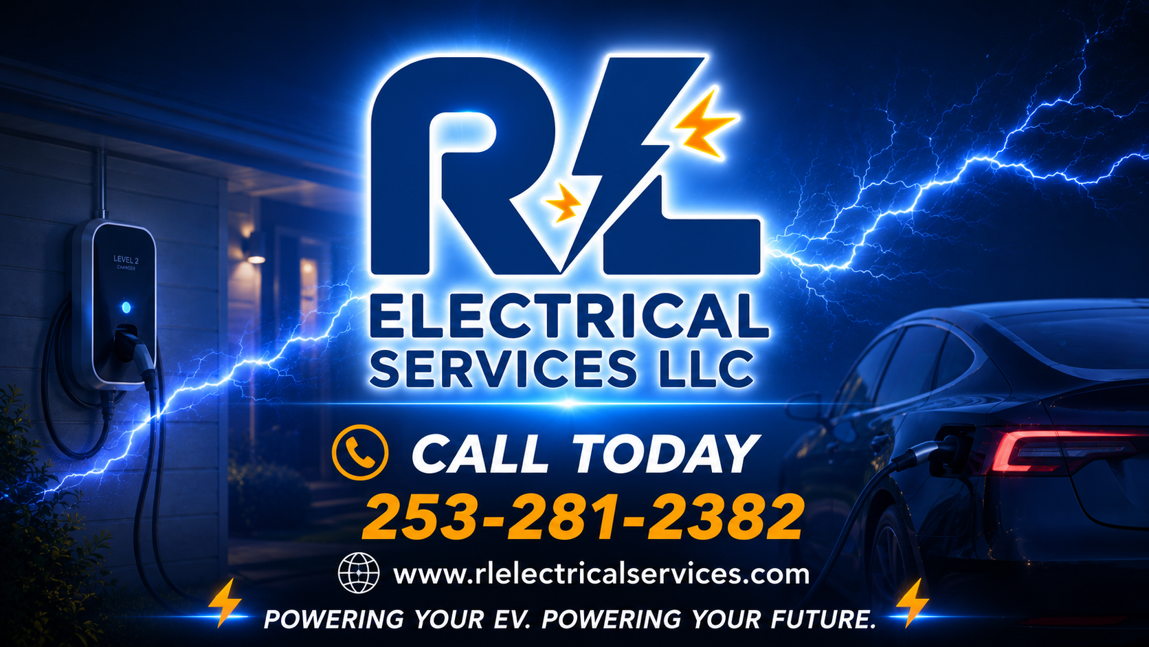A promotional graphic for R&L Electrical Services LLC featuring a lightning storm background, a car plugged into an electric vehicle charging station, and the company's contact information including phone number and website. The company's logo and slogan 'Powering your EV. Powering your future' are also visible.