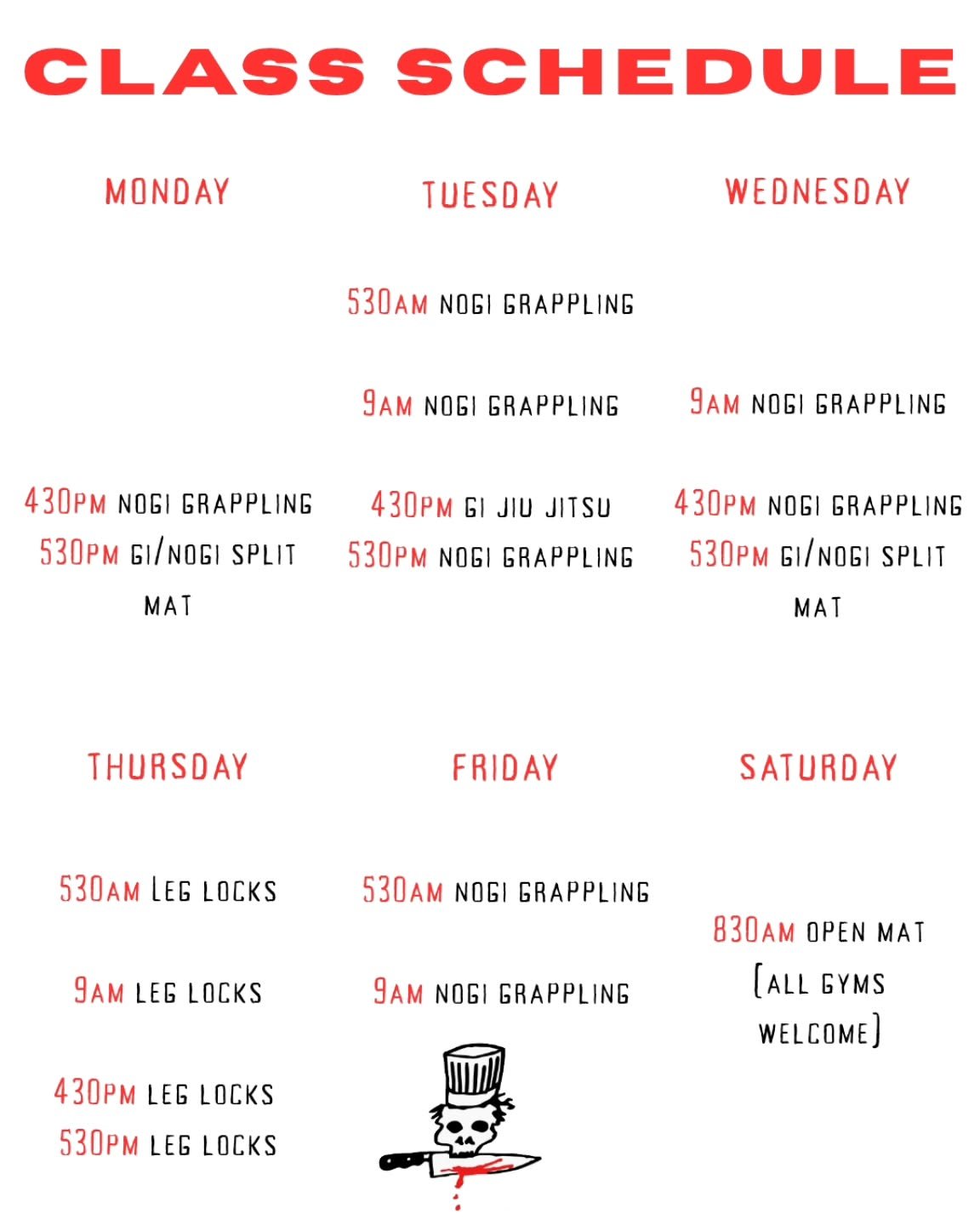 Latest class schedule.
We run on NSW time. 
X