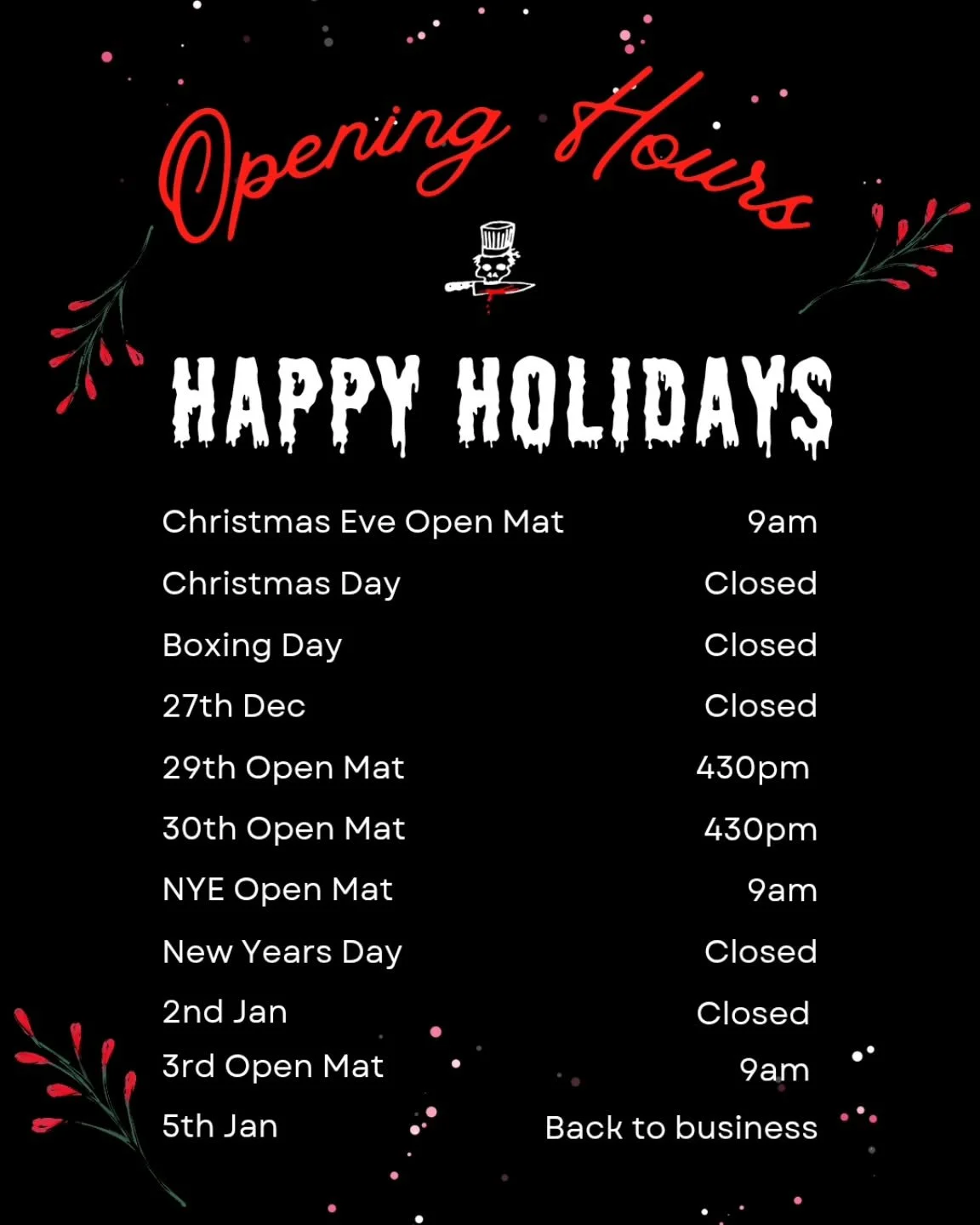 🌲Christmas trading hours 🌲

Open mats only for the gooch week

Back to business Monday 5th January
