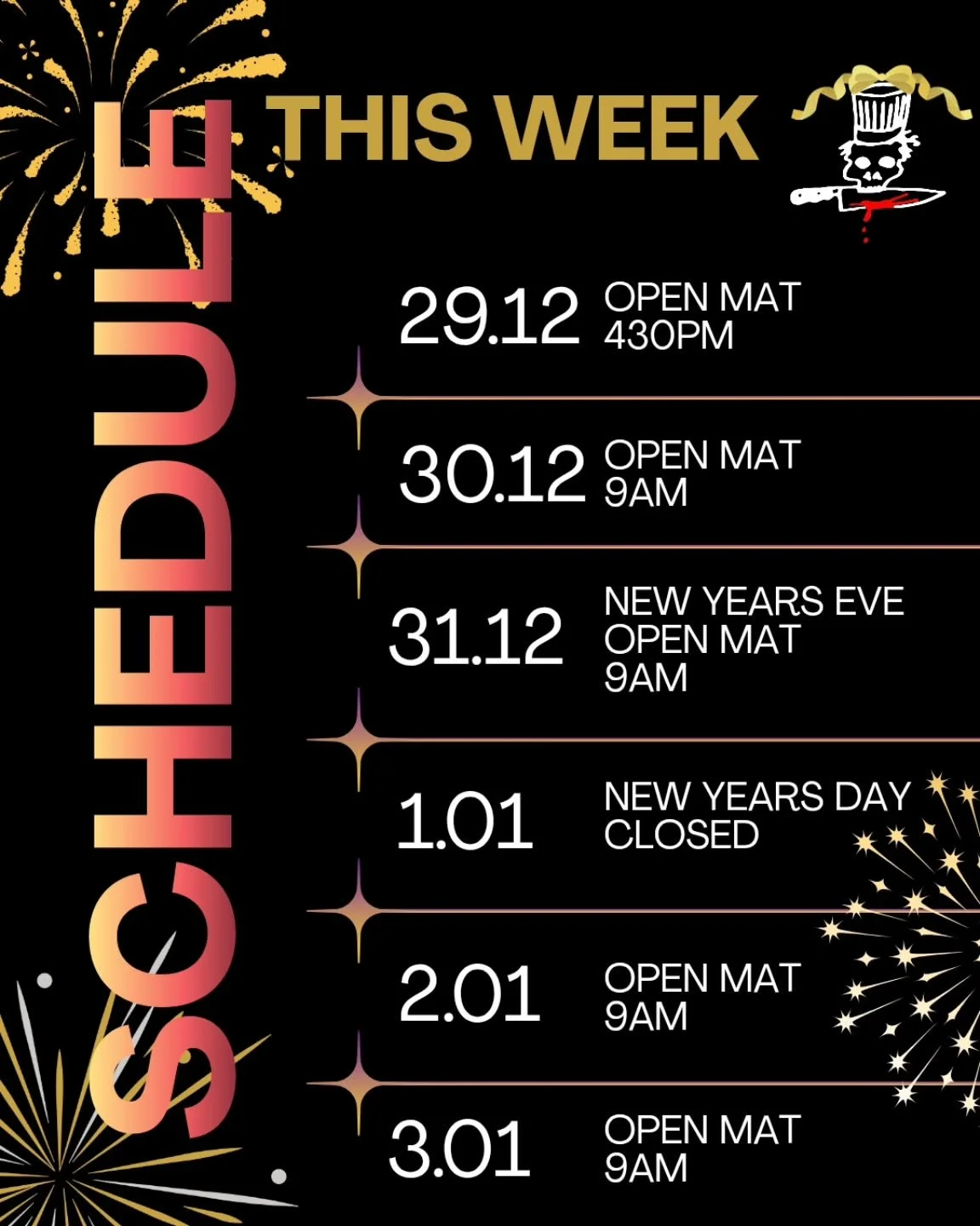 The gooch week schedule.

Open mat tomorrow 430pm.

All welcome.