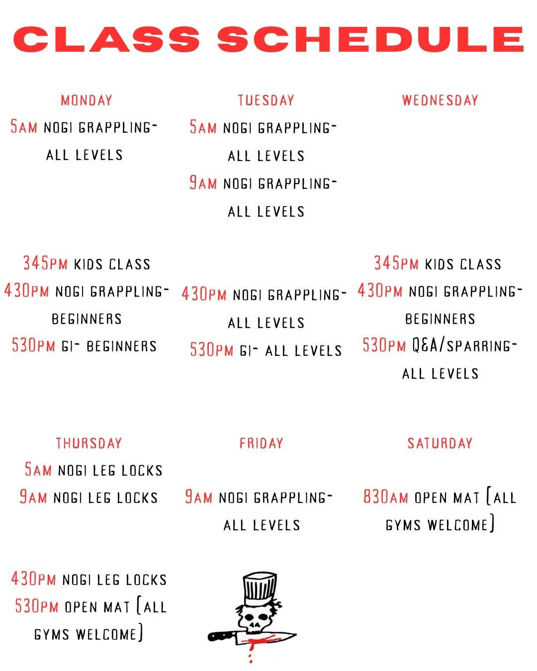 Ladies &amp; Gents- our updated schedule

Please note the 9am Wednesday class has been removed and the Saturday morning comp class will only run leading up to comps.