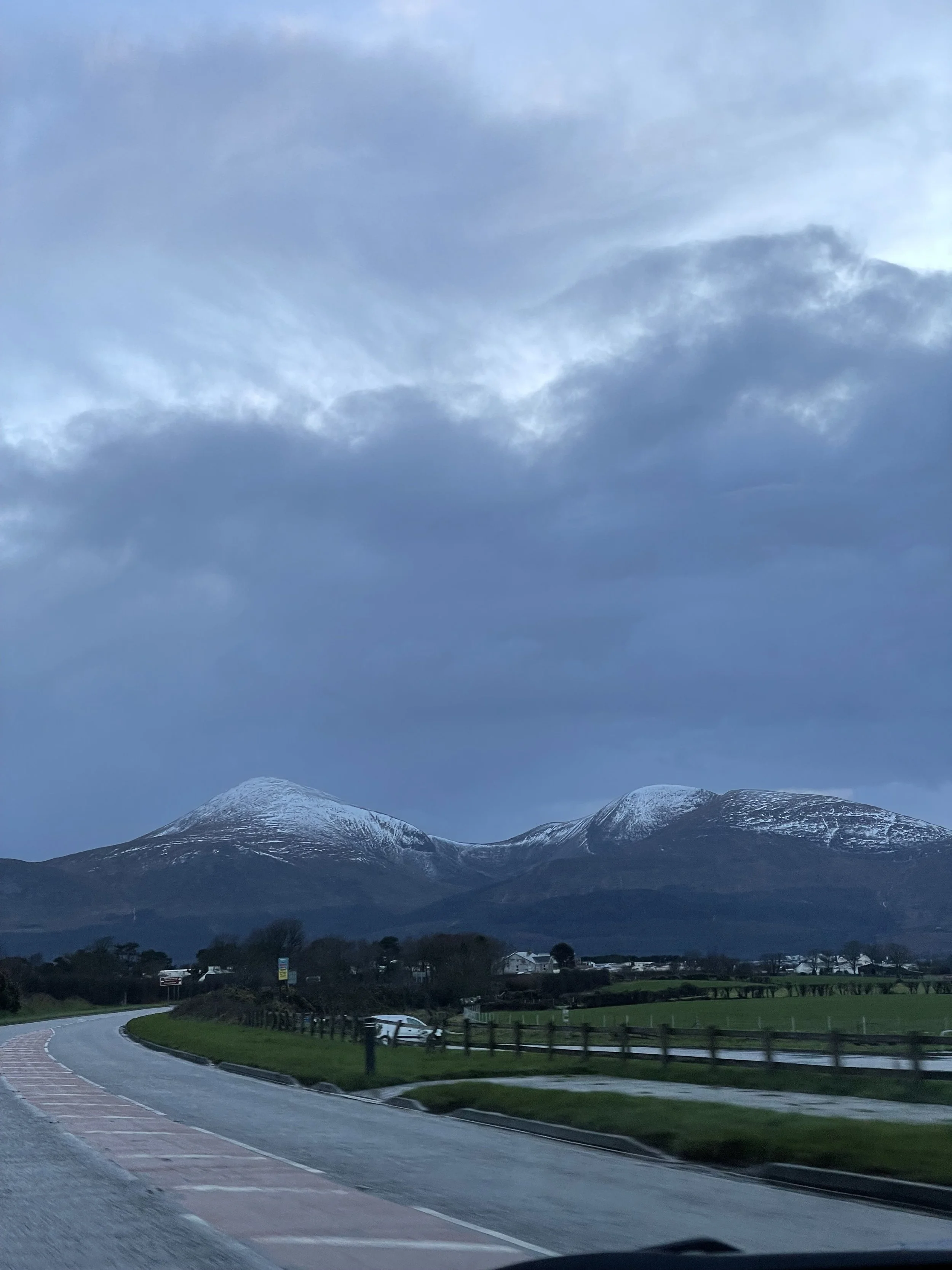  The amazing Mourne Mountains sprinkled with snow . They remind us of the valley back in California. 