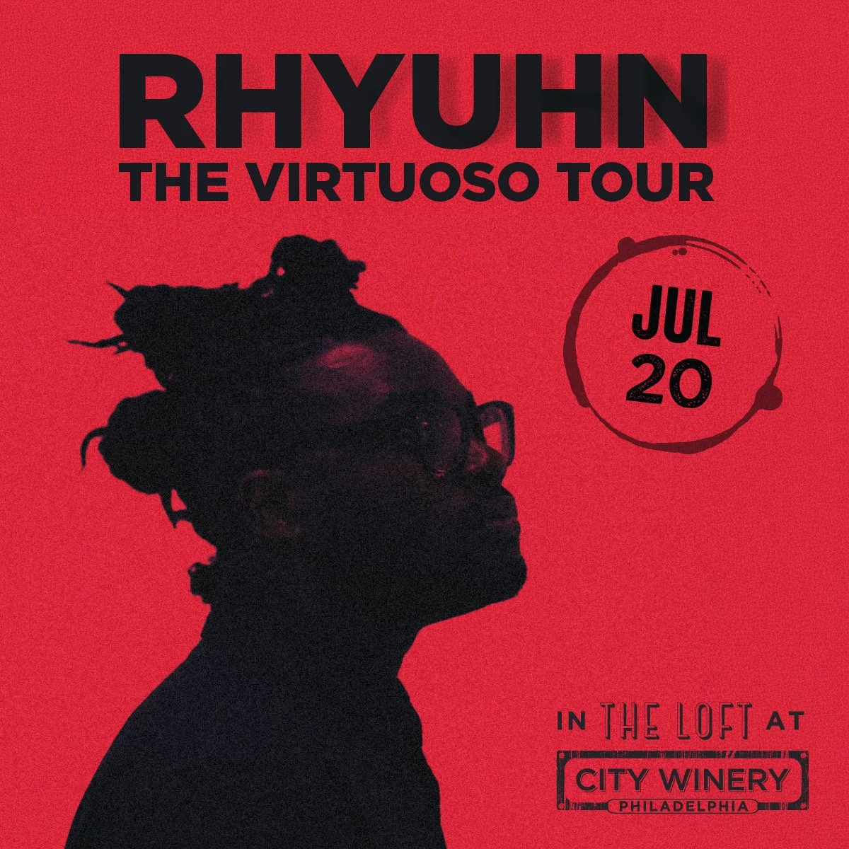 The cover of a music tour poster titled "The Virtuoso Tour" by Rhyuhn, and his tour stop at City Winery Philadelphia featuring a silhouette of Rhyuhn with a bantu knot mohawk against a red background, with text emphasizing "No Genre. Just Music."