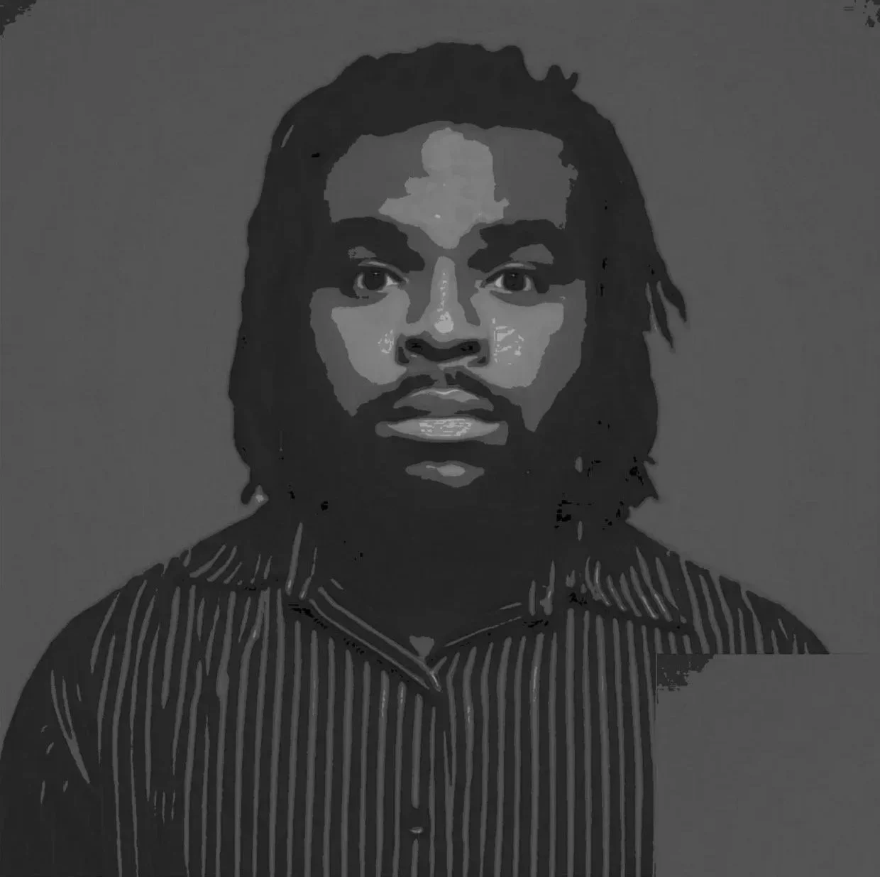 A grayscale stylized portrait of a man with medium-length dreadlocks, full beard, wearing a striped shirt, facing forward.