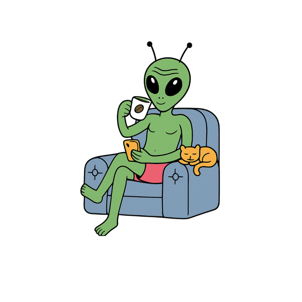 An animated green alien sitting on a blue armchair, holding a smartphone and a coffee cup, with a sleeping orange cat on its lap.