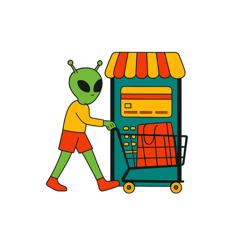 An alien with a green face and antennae, dressed in a yellow shirt and red shorts, pushing a shopping cart at a store with a small stand that has an orange and yellow striped roof.