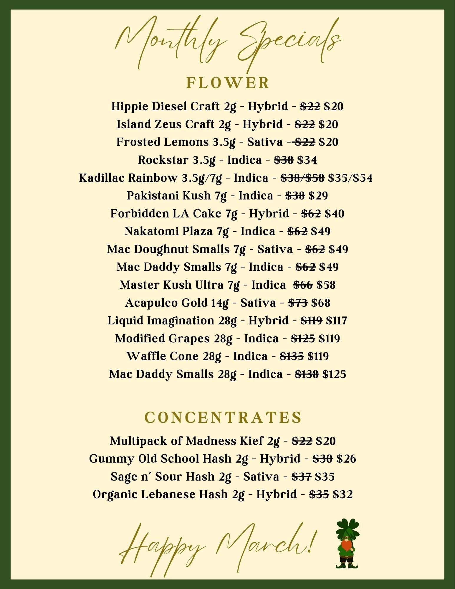 Monthly Specials menu displaying various cannabis strains and concentrates with prices, over a green and tan background, with a small cartoon character of a leprechaun at the bottom right corner.