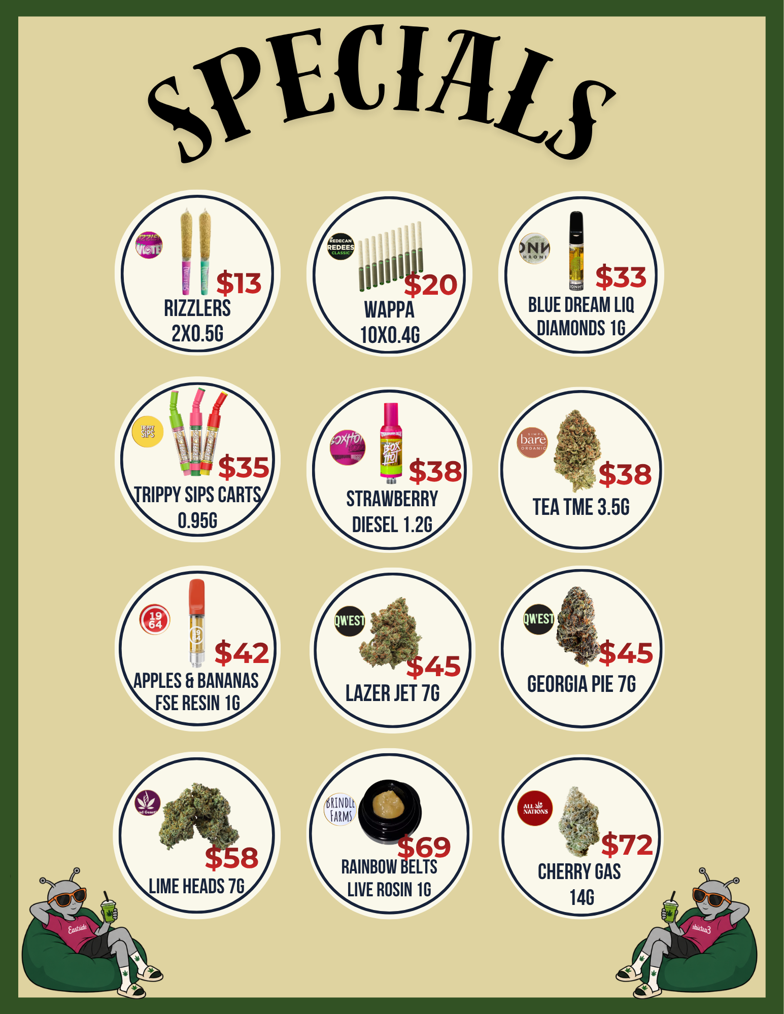 A menu featuring various cannabis products with prices, including pre-rolled joints, cannabis strains, edibles, and concentrates, with cartoon characters in sunglasses relaxing at the bottom.