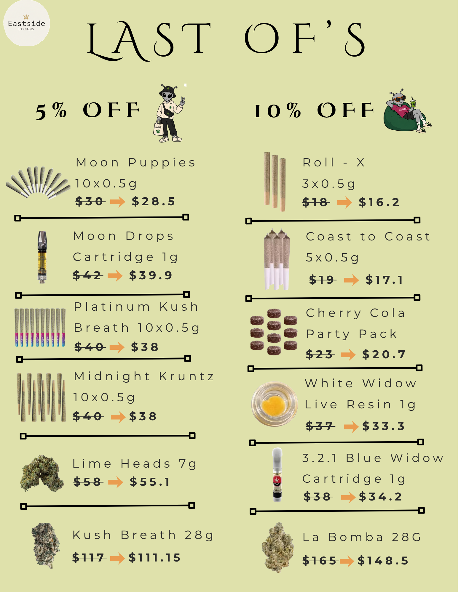 A promotional flyer from Eastside Cannabis offering discounts on various cannabis products, including Moon Puppies, Roll-X, Moon Drops, Coast to Coast, Platinum Kush Breath, Lime Heads, Kush Breath, 3.2.1 Blue Widow Cartridge, and Bomba. The flyer features cartoon illustrations of playful characters, cannabis buds, and products with original and discounted prices.