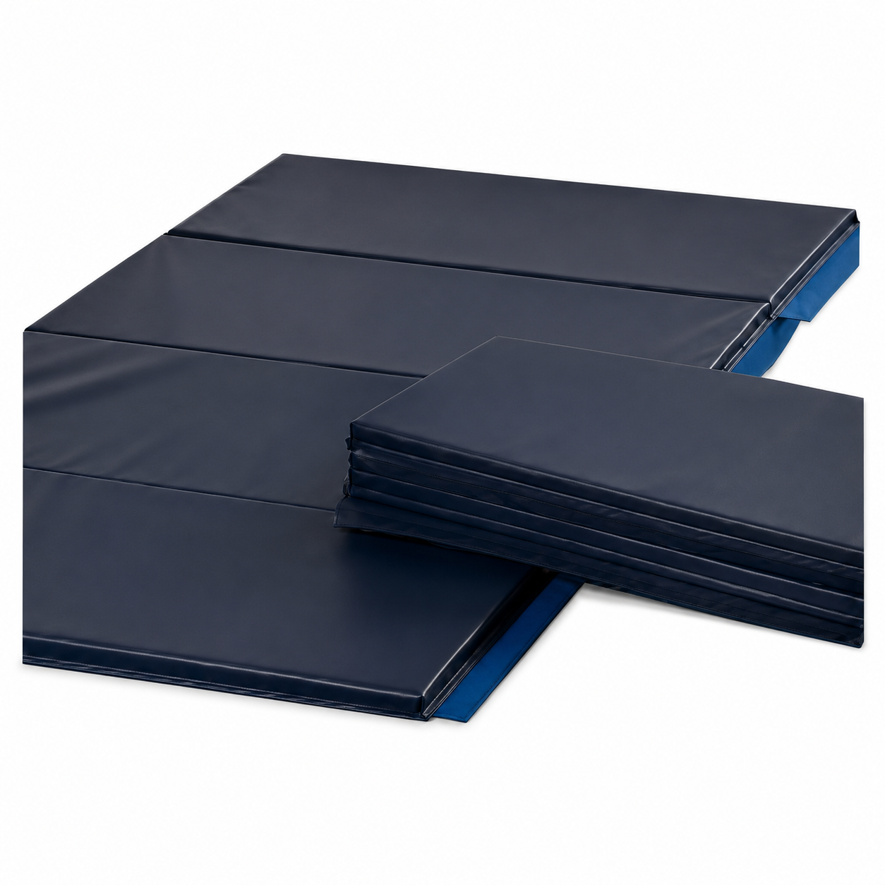 Stack of blue gym landing mats and folded mats on a white background.