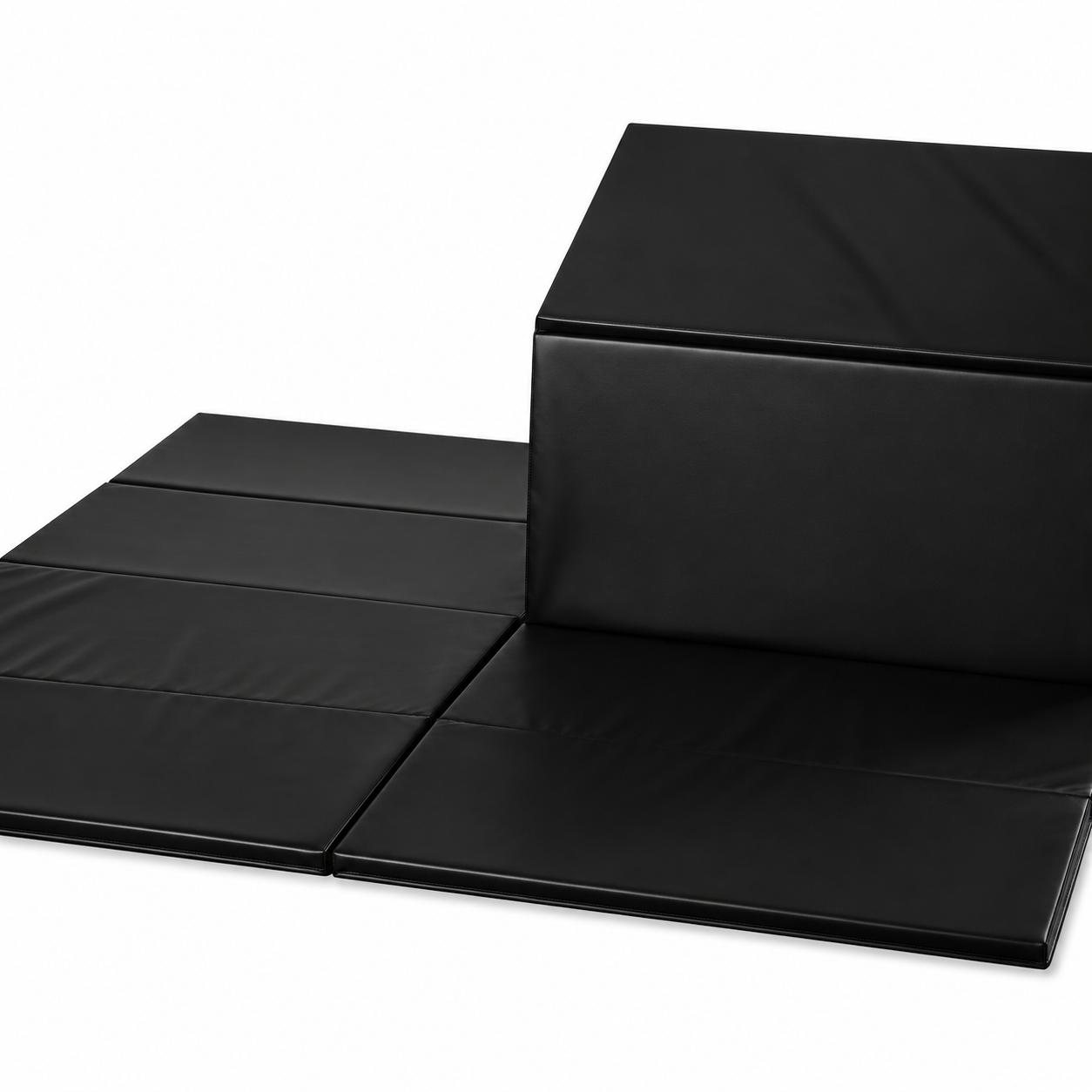 Black modular sofa with a tilted backrest, minimalistic design, set against a plain white background.