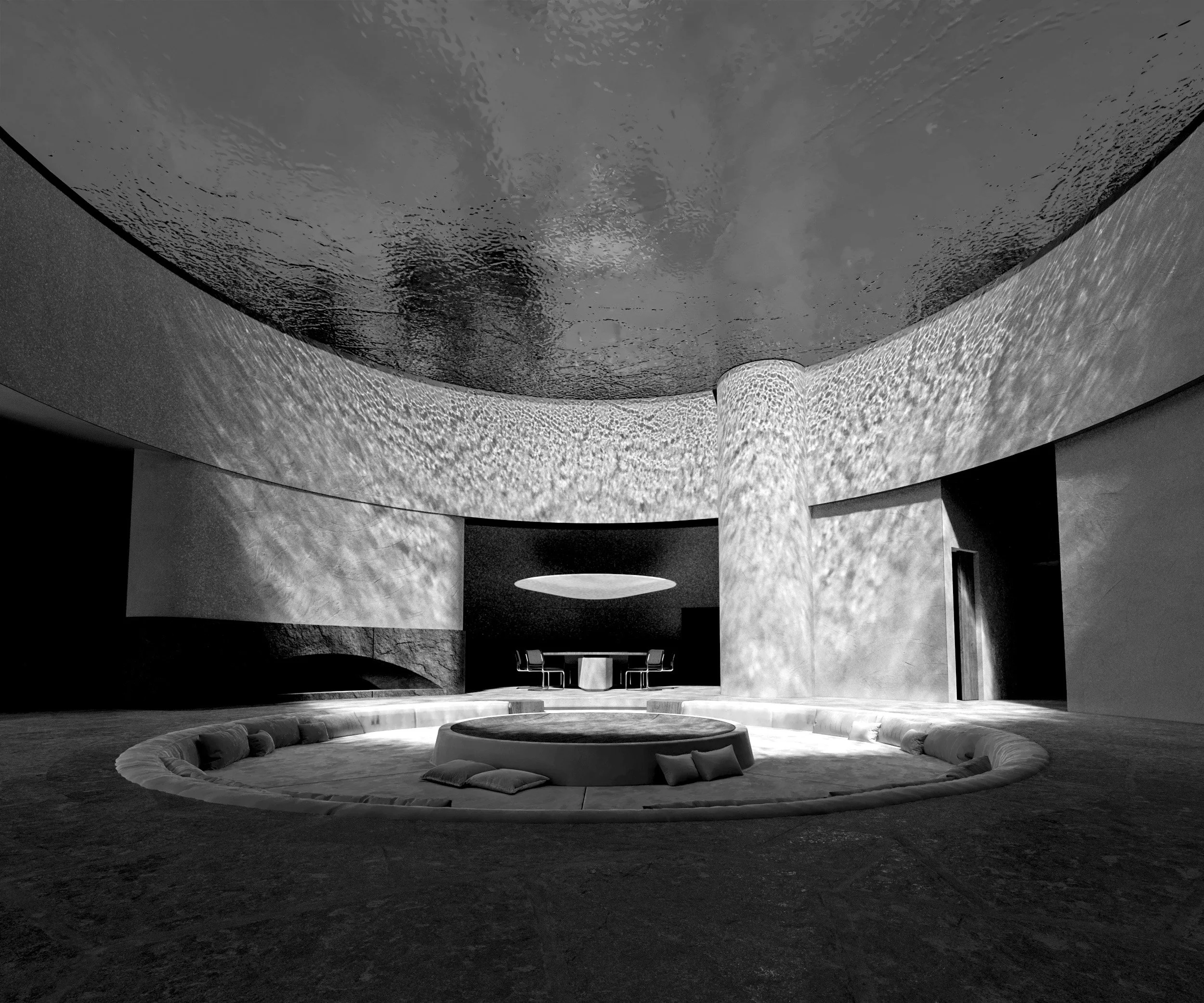 A modern, minimalist interior space with a circular seating area and cushions, abstract textured curved walls, and an upper-level balcony with a round ceiling light.